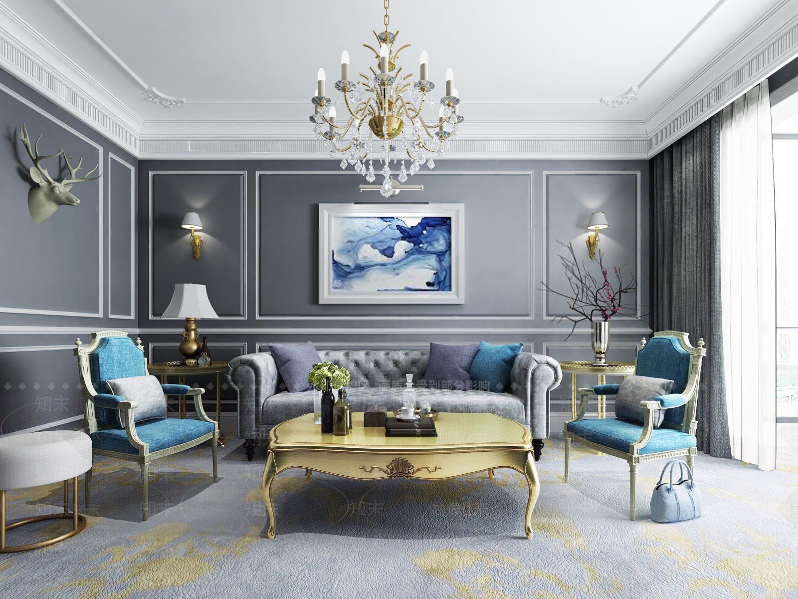 现代高档时尚客厅家具组合3D模型下载【ID:1188662178】