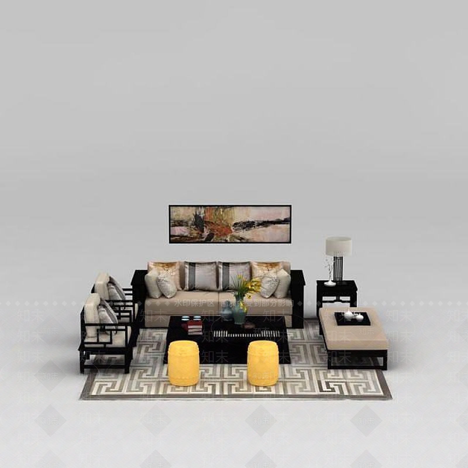 中式客厅沙发茶几组合3D模型下载【ID:1188664285】