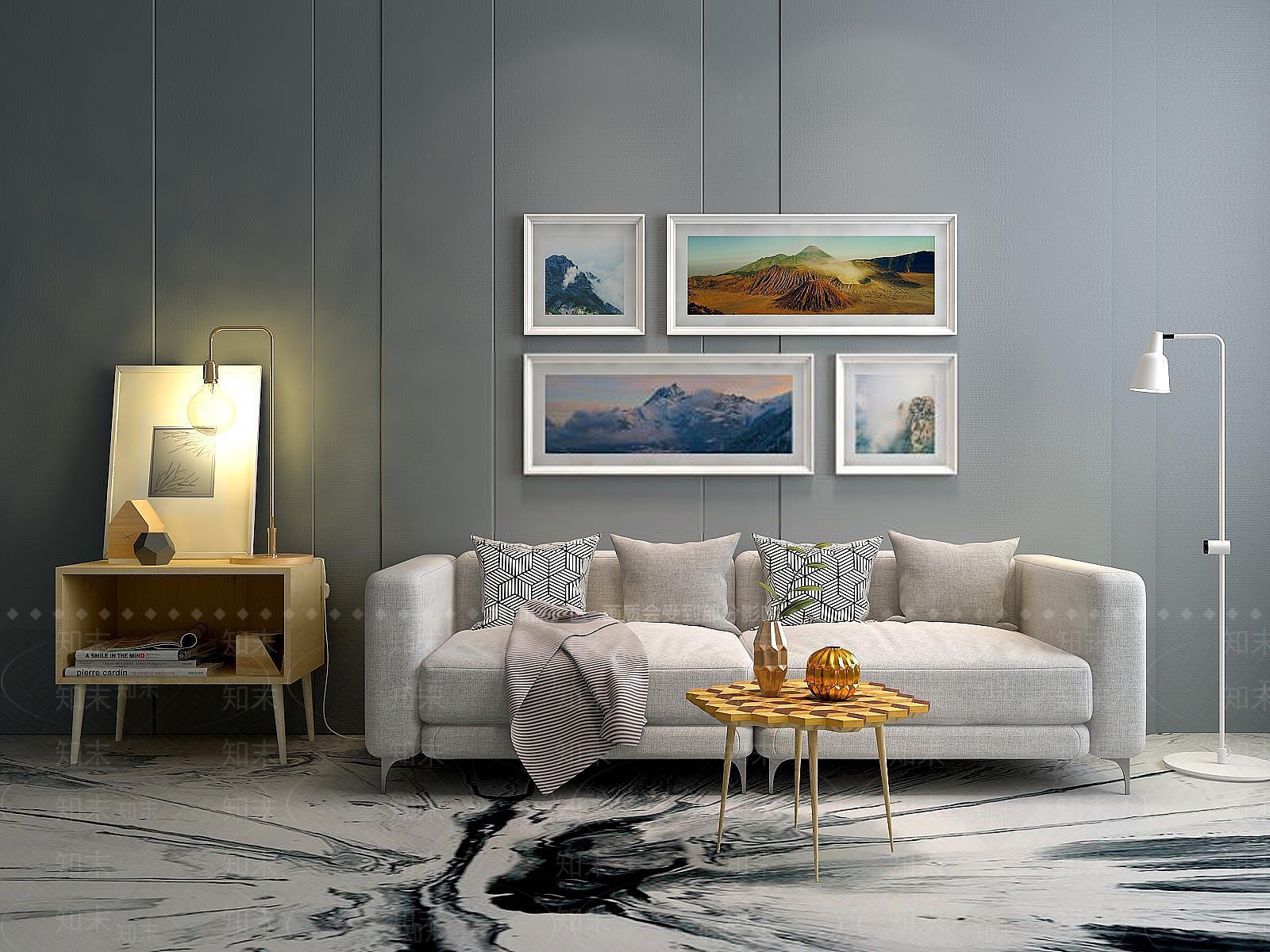 现代时尚客厅沙发茶几背景墙组合3D模型下载【ID:1188664258】