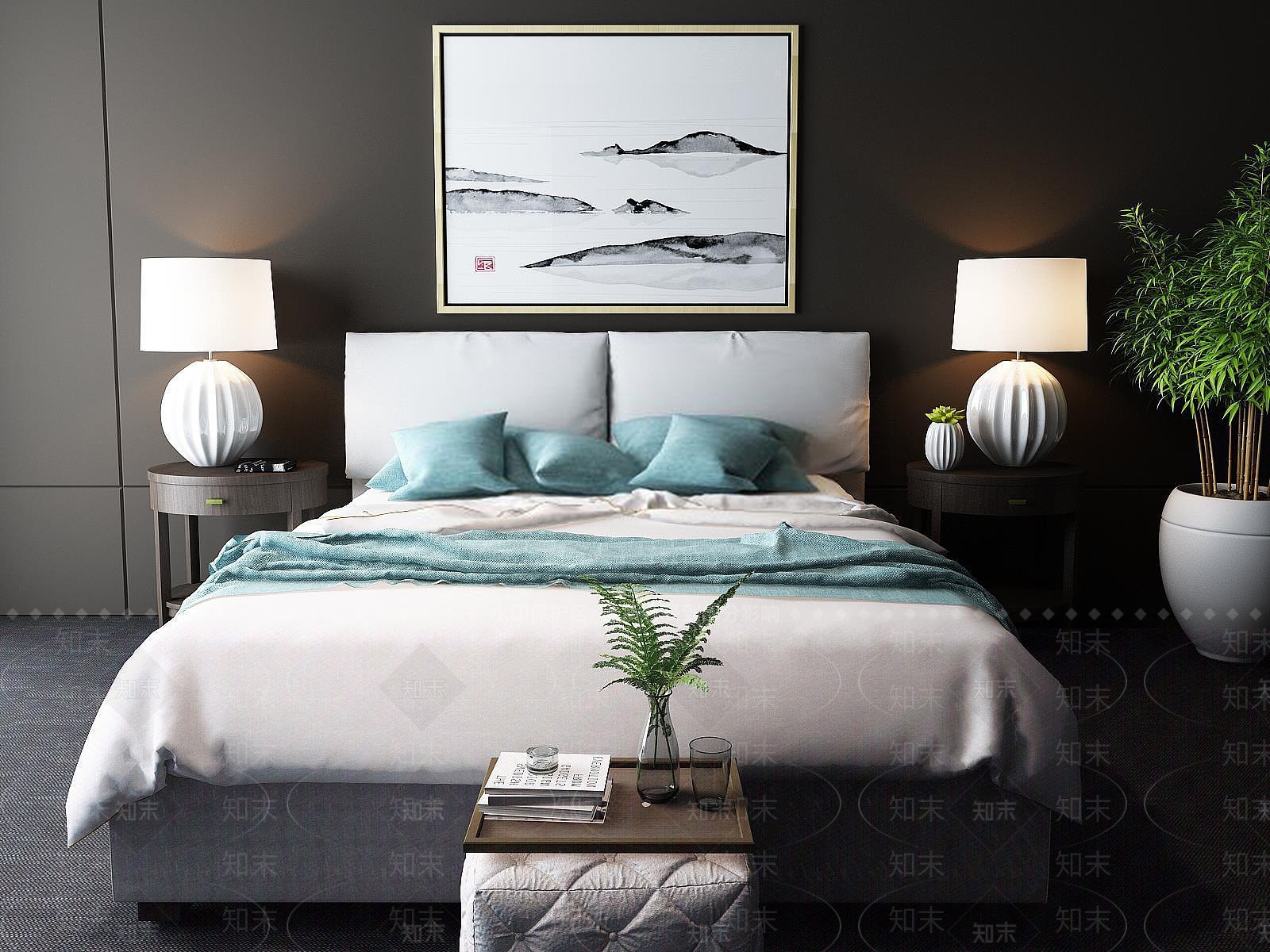 现代卧室家具陈设品组合3D模型下载【ID:1188676138】