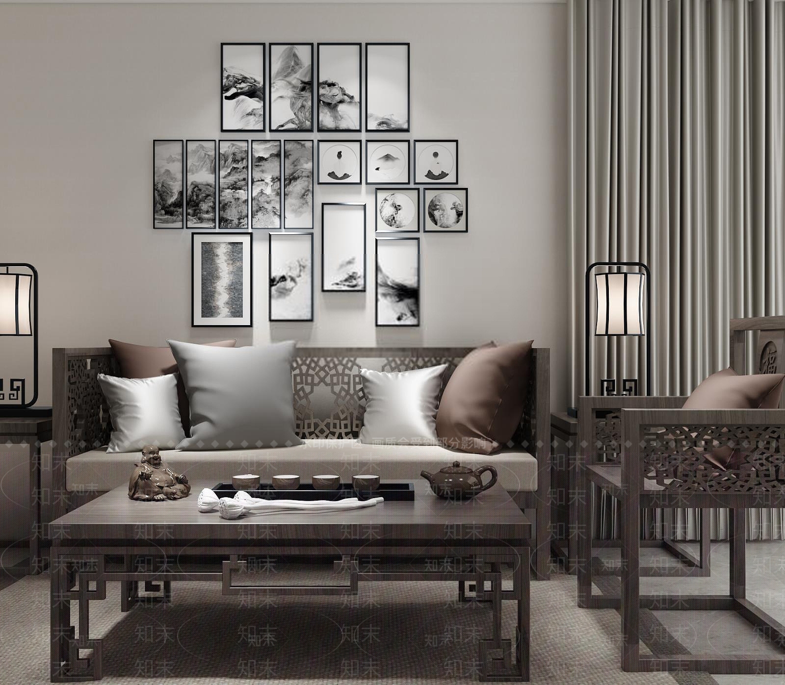 现代仿古镂空雕花沙发茶几组合3D模型下载【ID:1188678209】