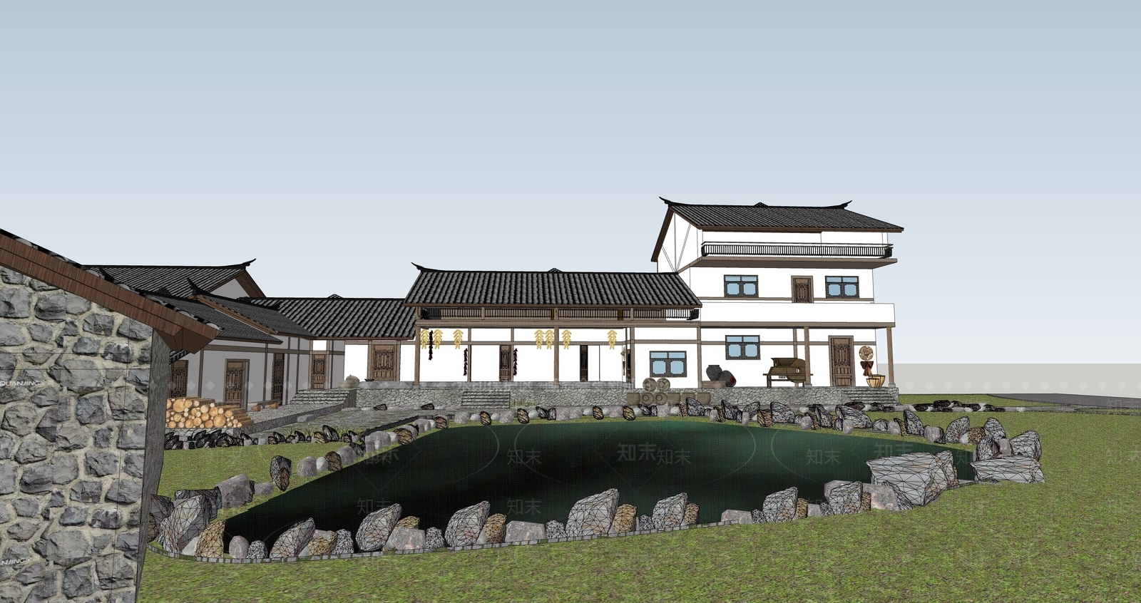 新中式中式滨水景观SU模型下载【ID:1188715108】