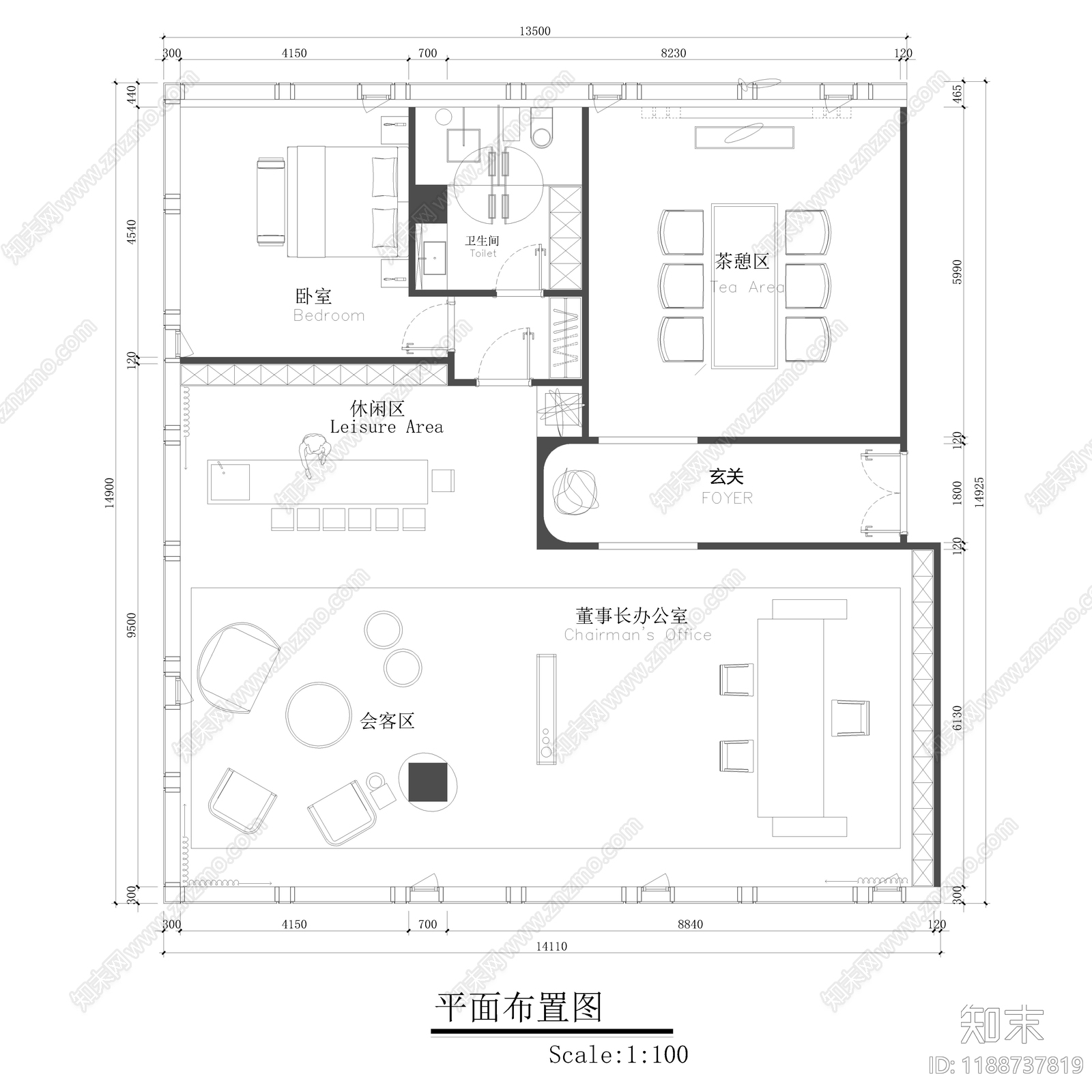 现代独立办公室cad施工图下载【ID:1188737819】
