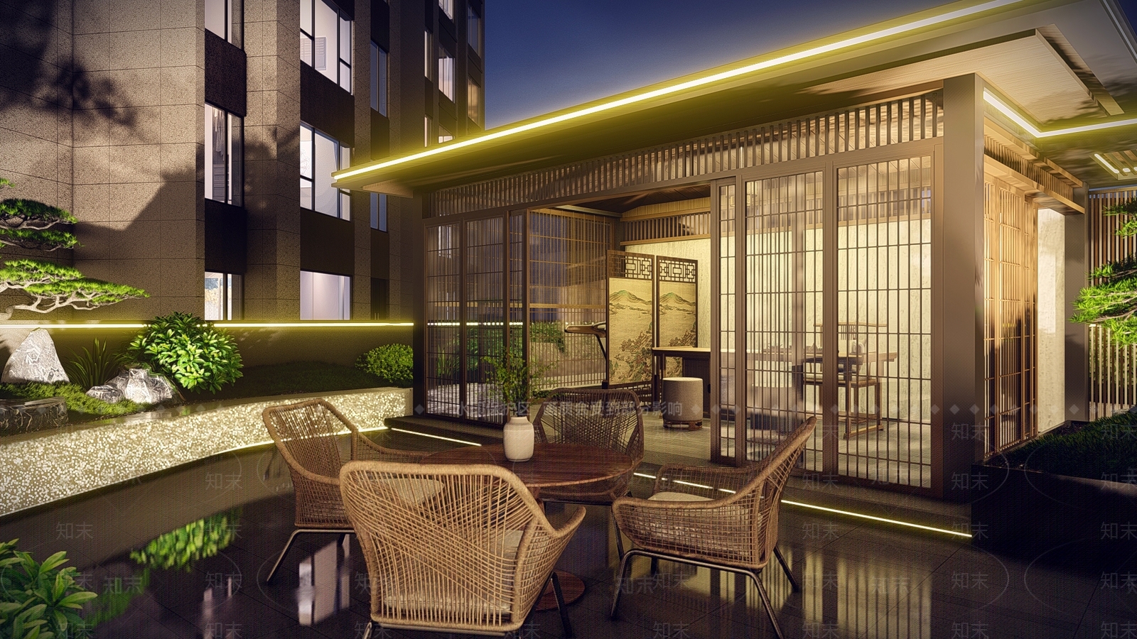 新中式中式屋顶花园SU模型下载【ID:1188752435】