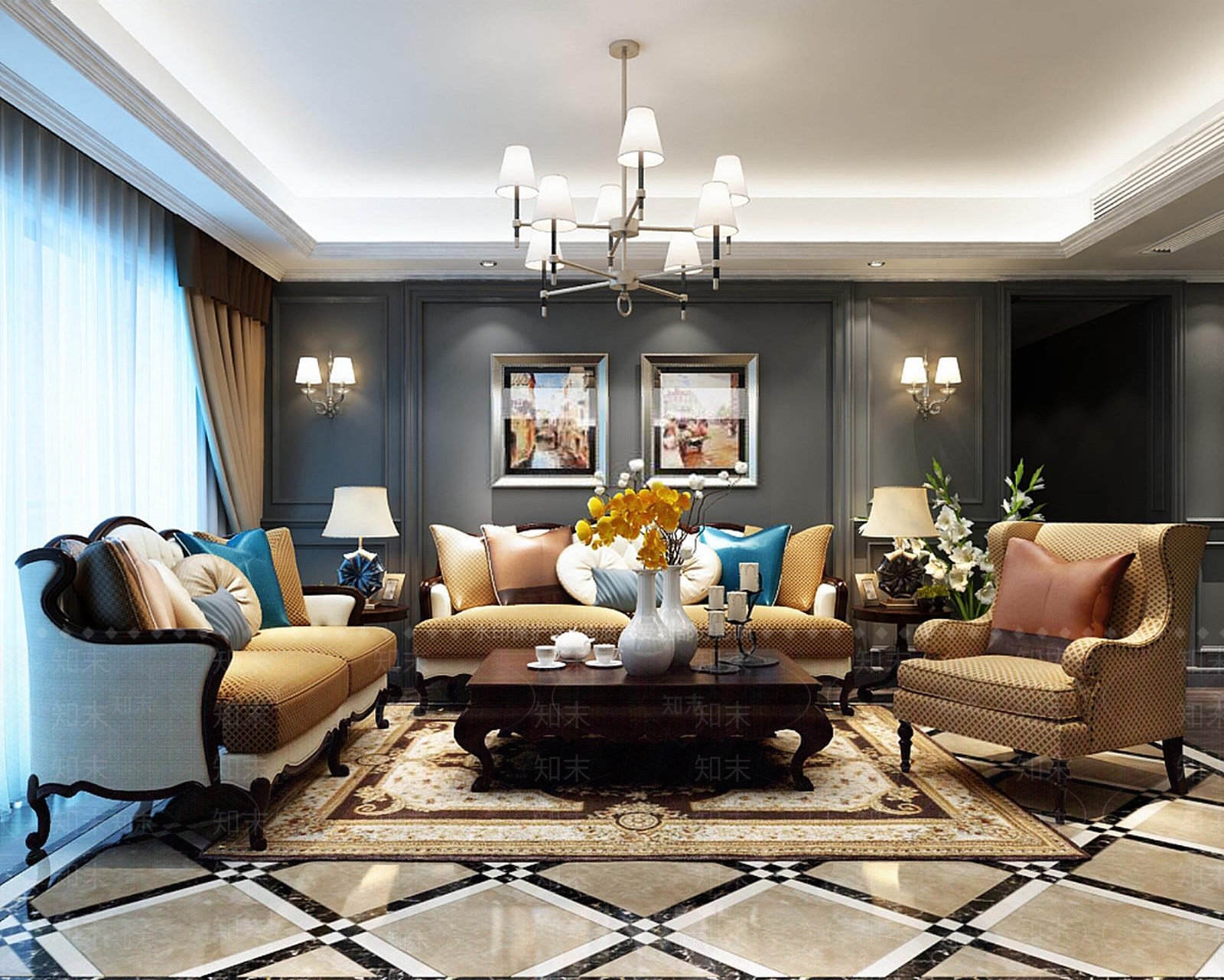 美式沙发茶几组合3D模型下载【ID:1188760671】