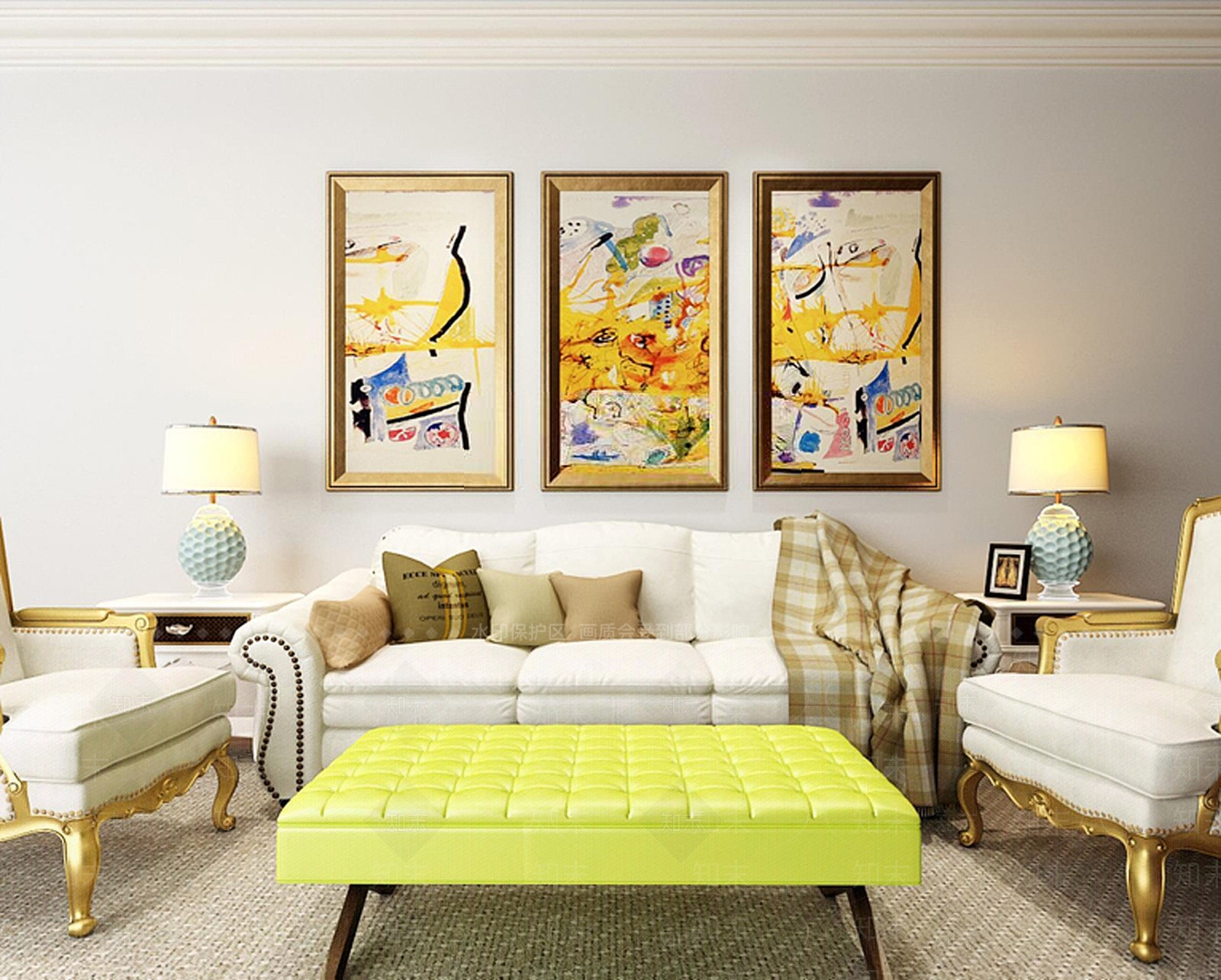 简欧客厅沙发茶几挂画组合3D模型下载【ID:1188760646】