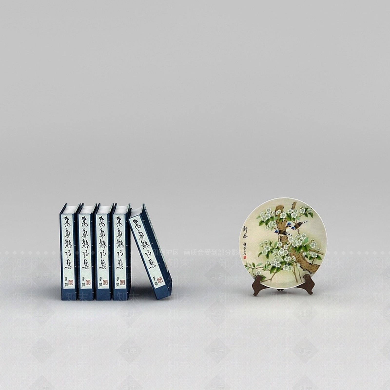 中式书籍和圆盘陶瓷摆件3D模型下载【ID:1188762236】
