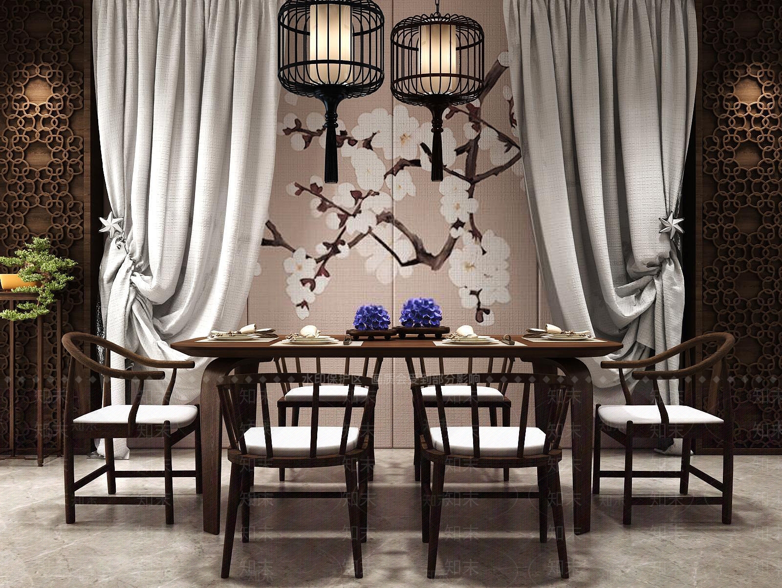 新中式餐厅桌椅鸟笼吊灯组合3D模型下载【ID:1188764462】