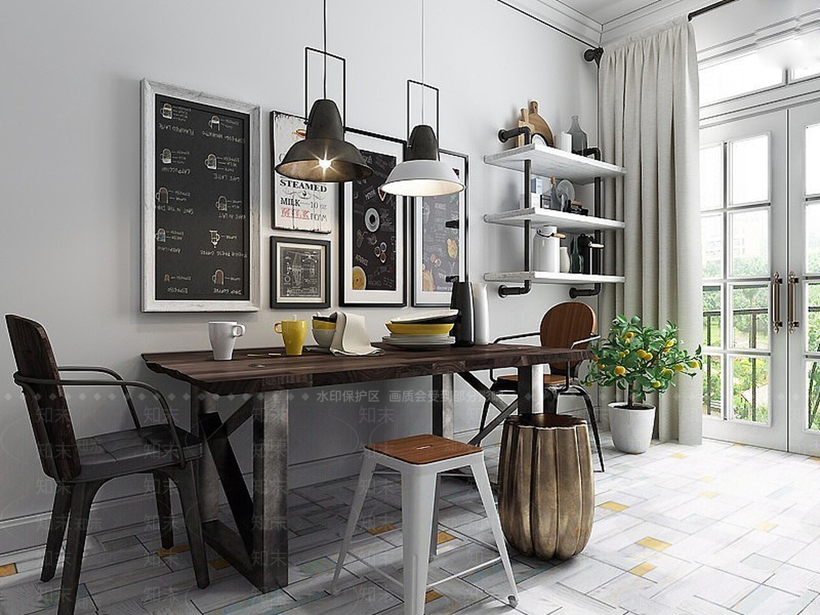 北欧loft北欧桌椅吊灯架子组合3D模型下载【ID:1188766955】