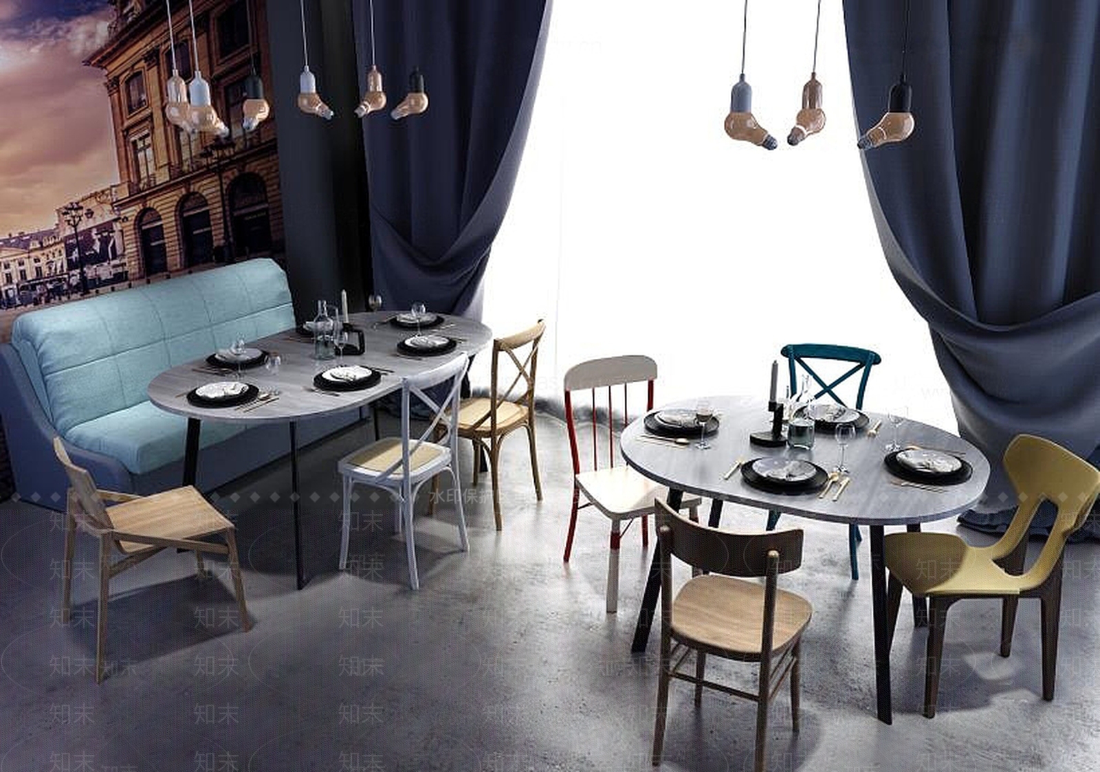 现代休闲餐桌椅卡座沙发组合3D模型下载【ID:1188768637】