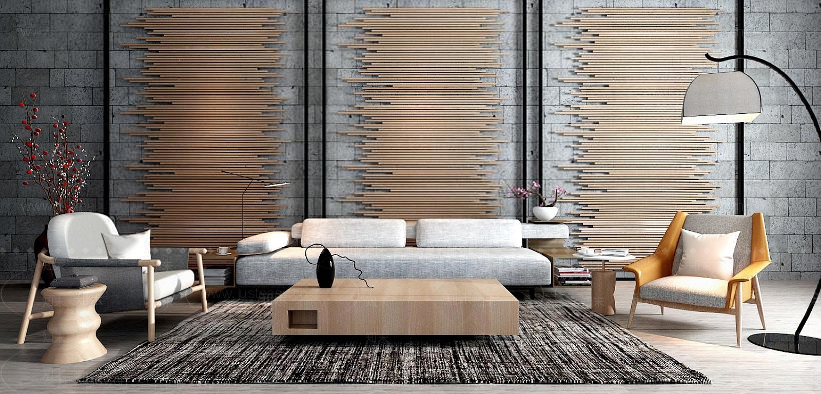 北欧原木沙发茶几背景墙组合3D模型下载【ID:1188769575】