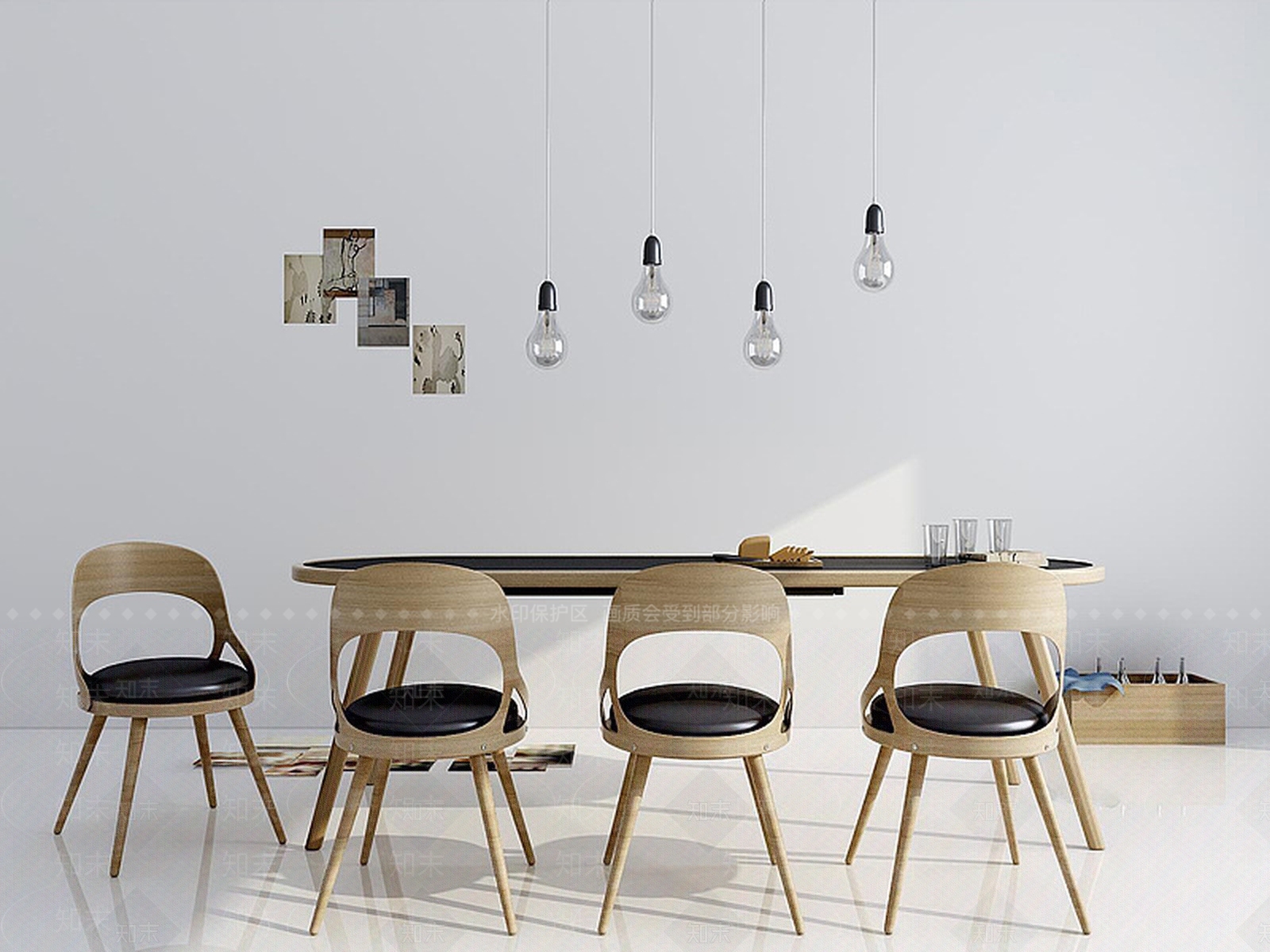 现代餐桌椅灯泡吊灯组合3D模型下载【ID:1188770090】