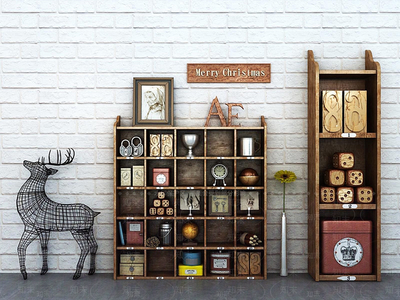 现代铁艺鹿摆件格子陈列架组合3D模型下载【ID:1188770783】