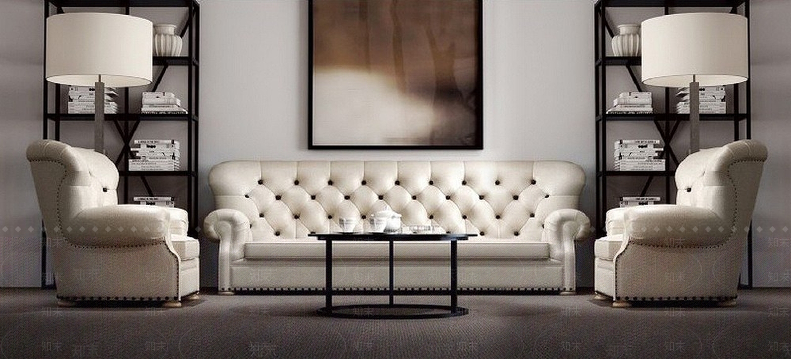 美式皮沙发茶几组合3D模型下载【ID:1188780540】