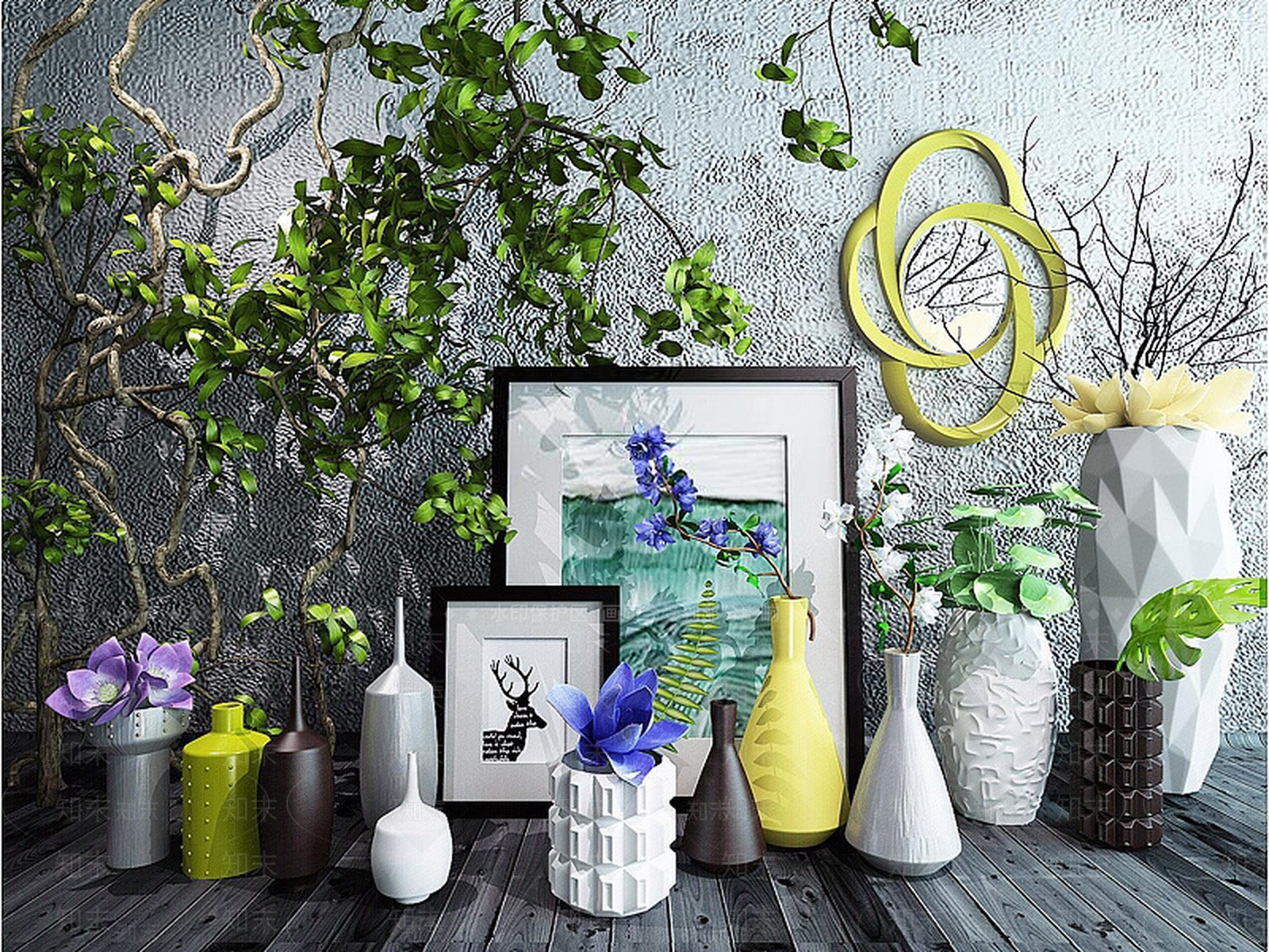 现代精美花艺植物摆件组合3D模型下载【ID:1188788664】