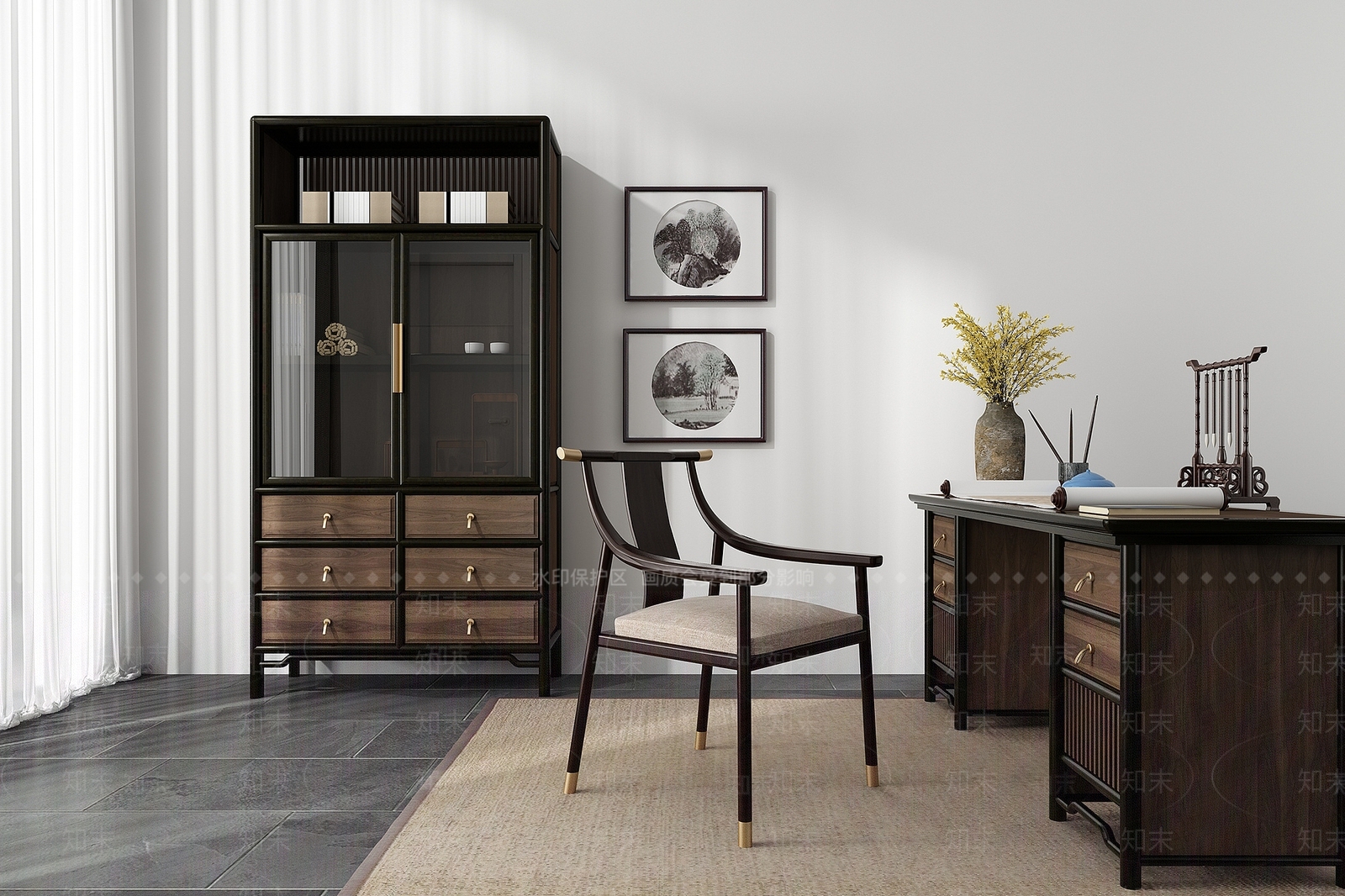 中式书桌椅书柜组合3D模型下载【ID:1188789478】