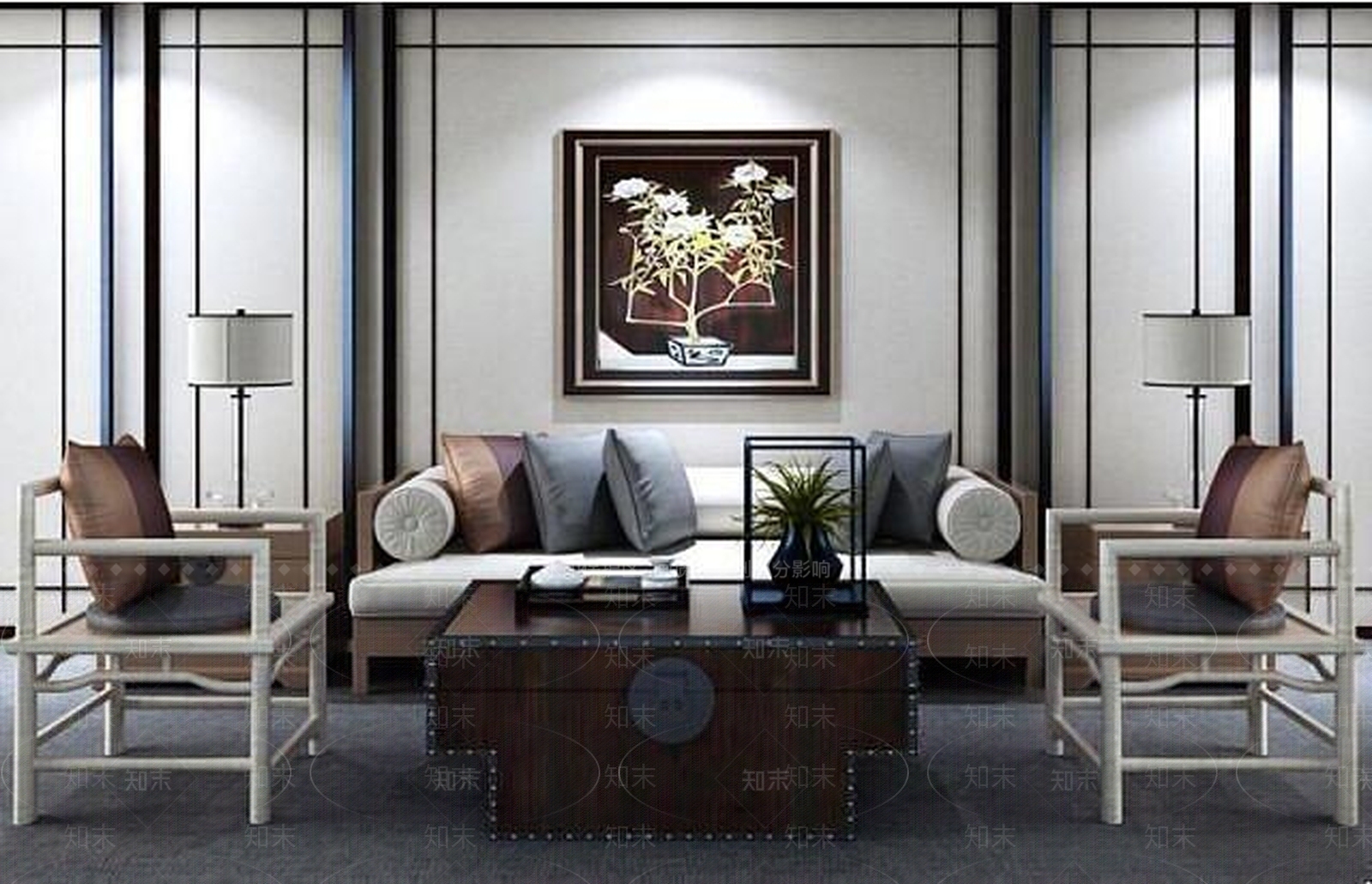 中式沙发椅子复古茶几组合3D模型下载【ID:1188790913】