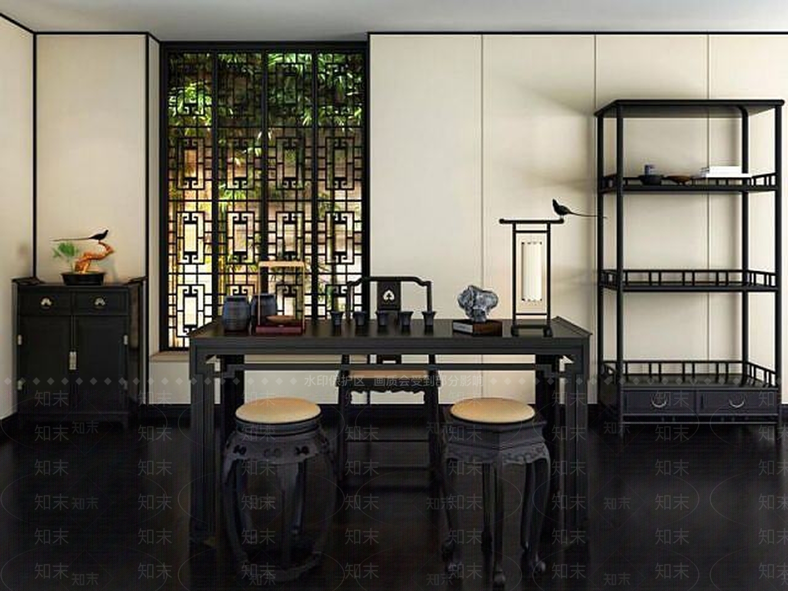 中式书房桌椅储物架组合3D模型下载【ID:1188790979】