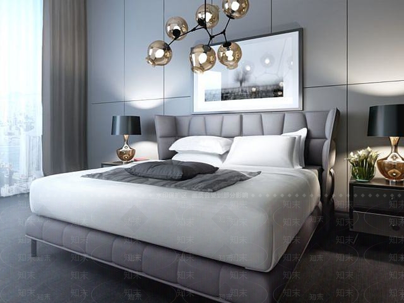 现代卧室创意软包床吊灯组合3D模型下载【ID:1188791261】