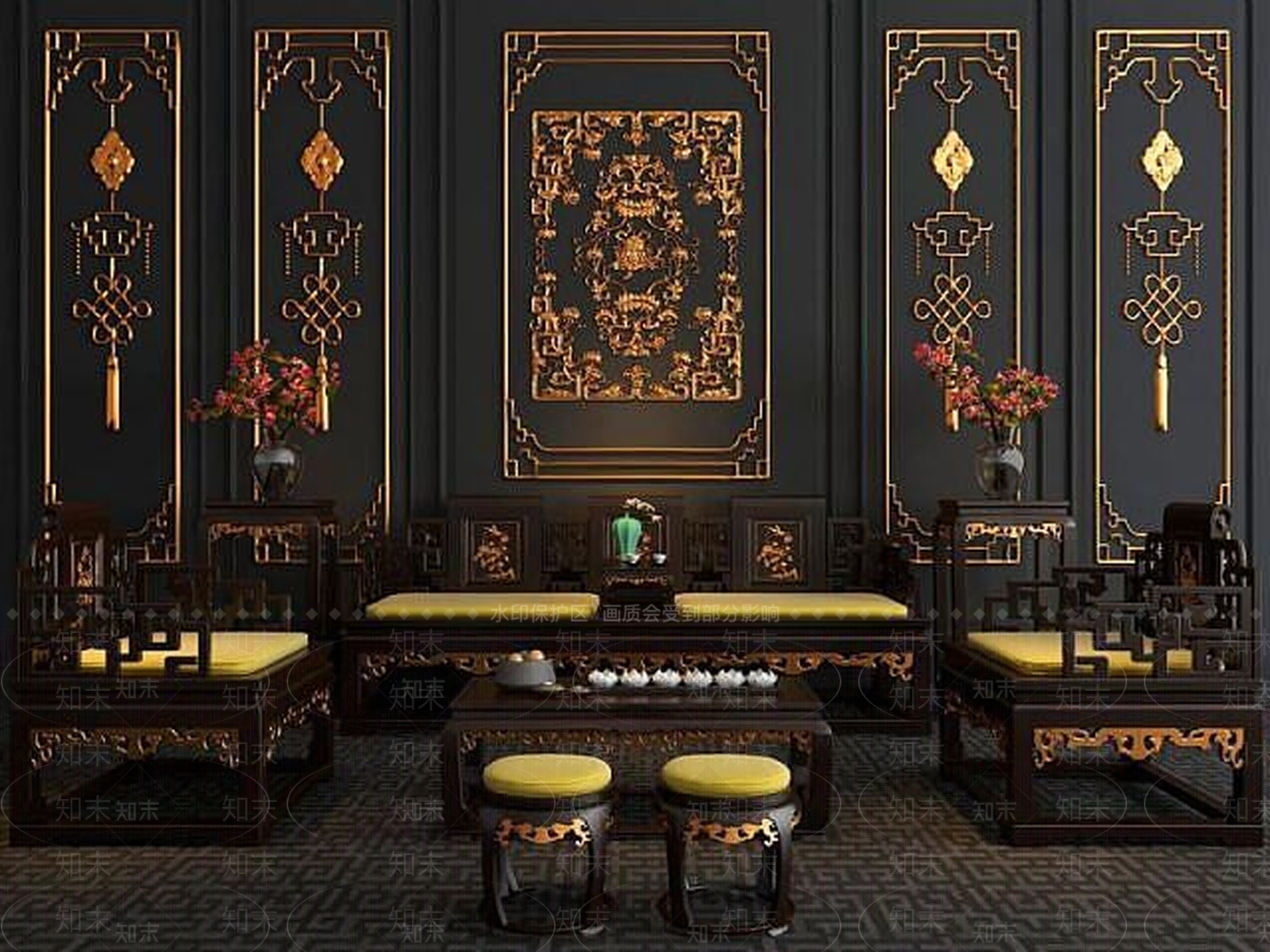 现代古典奢华雕花沙发椅子组合3D模型下载【ID:1188798962】