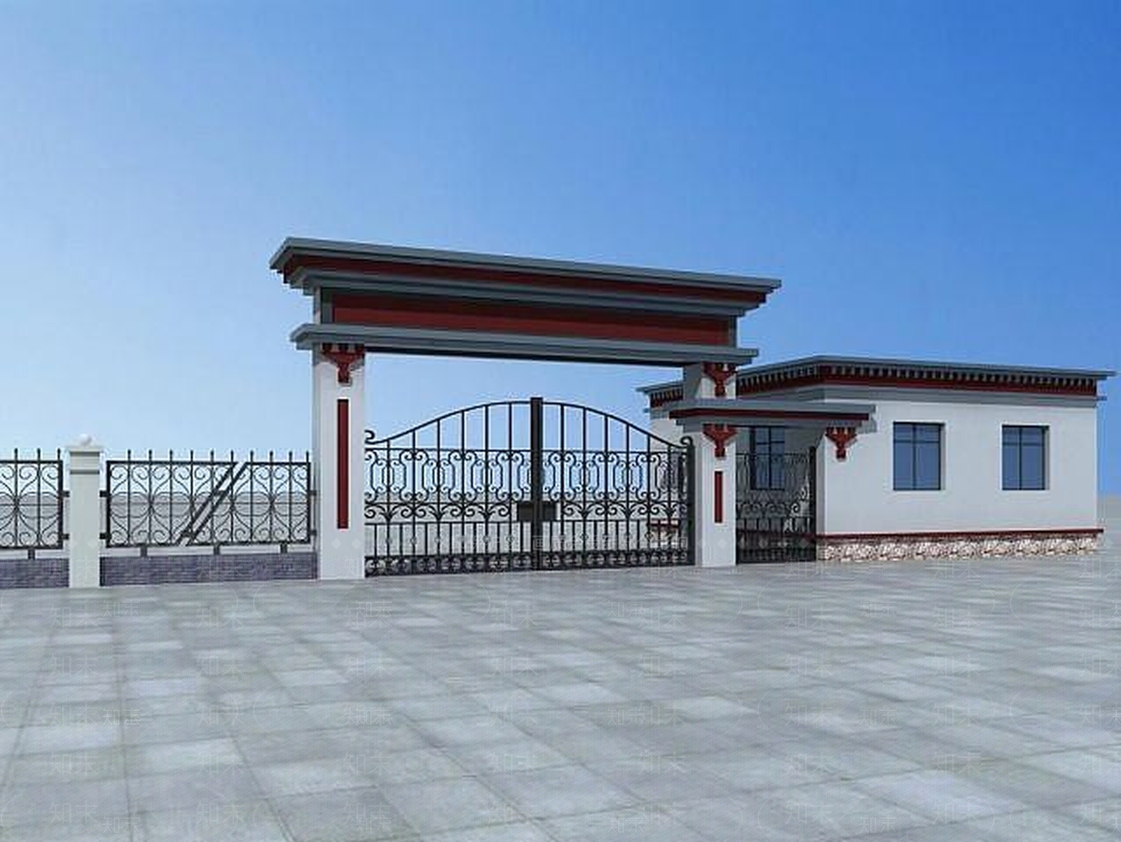 现代藏式大门及围墙3D模型下载【ID:1188806524】