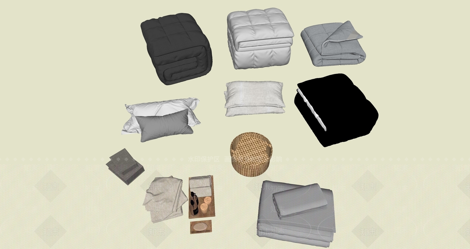 现代新中式床品SU模型下载【ID:1188806940】