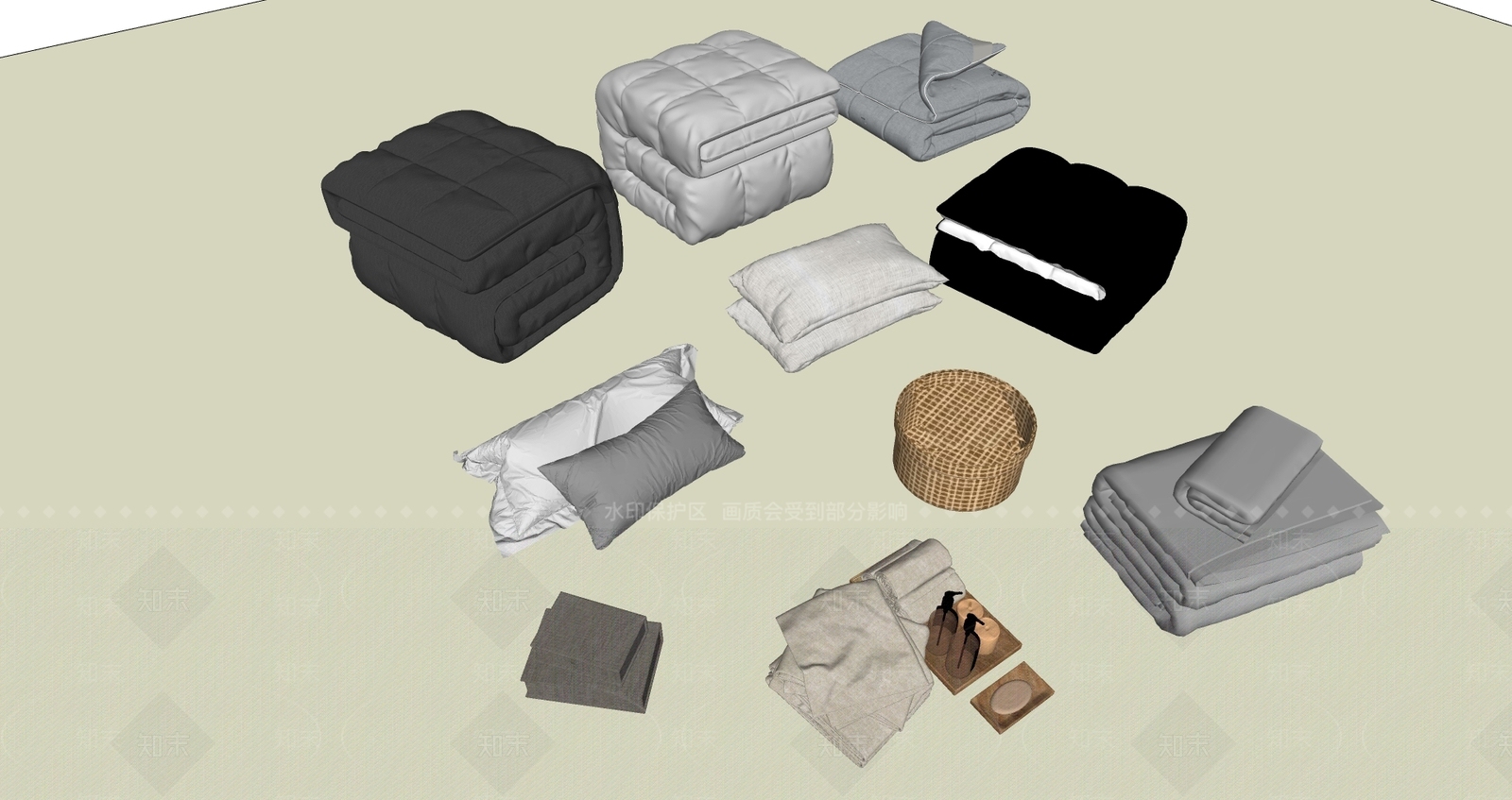 现代新中式床品SU模型下载【ID:1188806940】