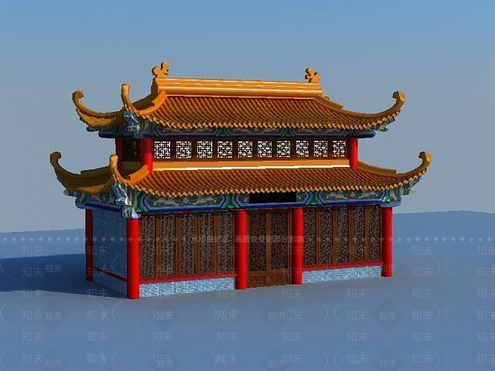 现代四角飞檐古建筑3D模型下载【ID:1188859586】