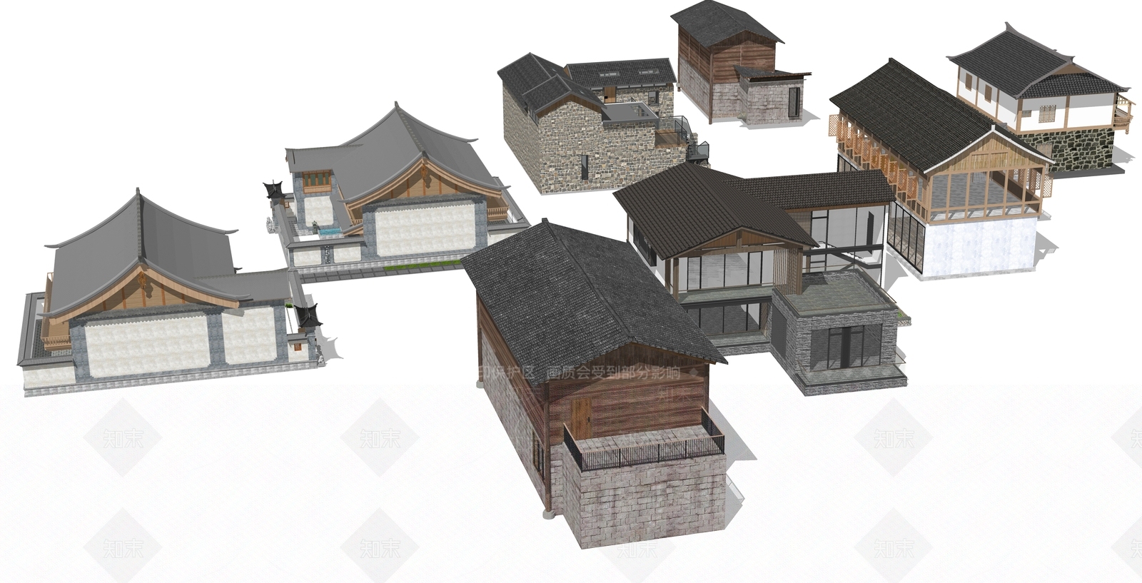 新中式中式民宿建筑SU模型下载【ID:1188863817】