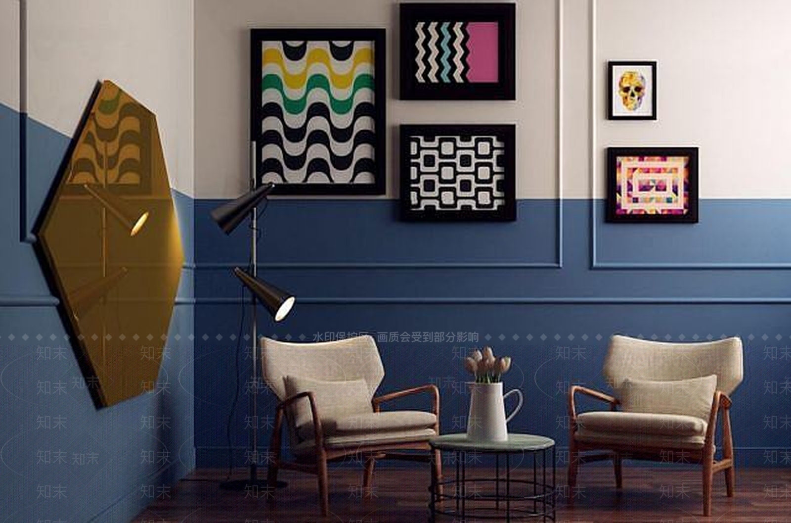 北欧椅子茶几落地灯组合3D模型下载【ID:1188869550】