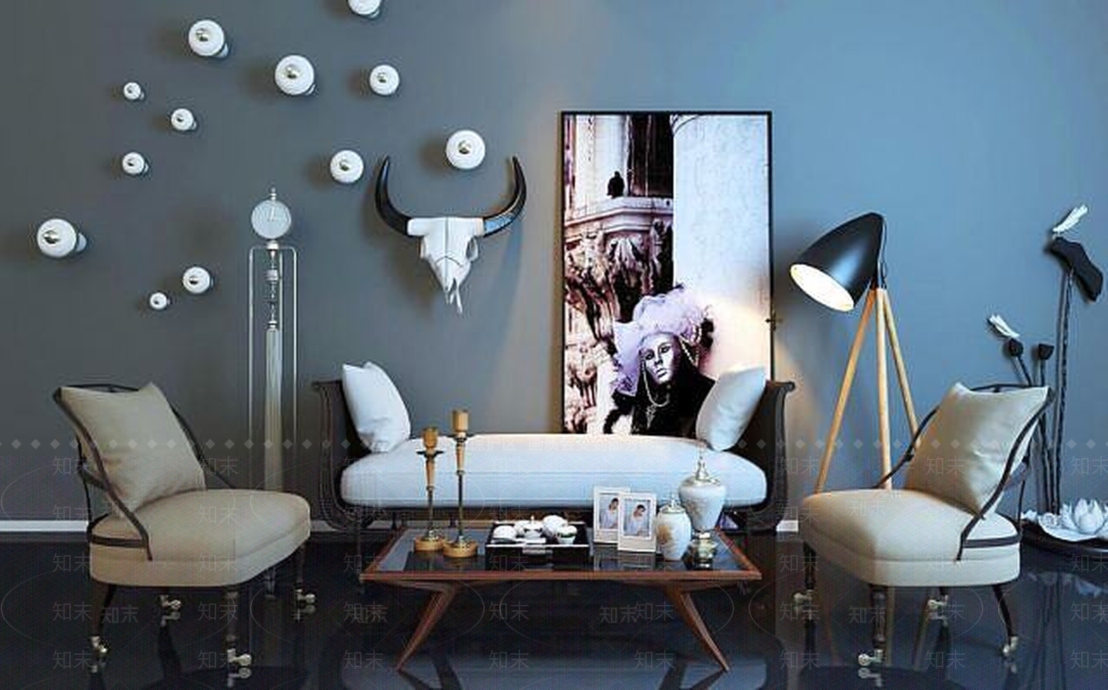 现代沙发椅牛头墙饰组合3D模型下载【ID:1188870300】