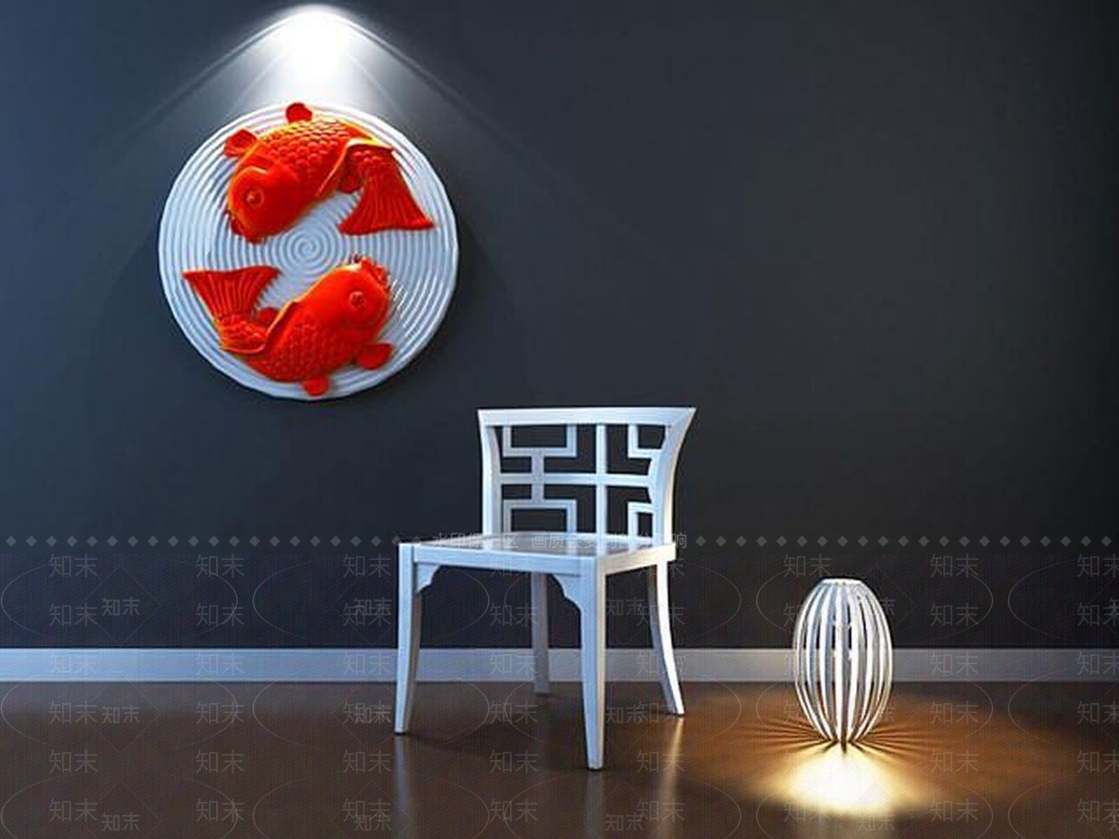 中式椅子金鱼墙饰组合3D模型下载【ID:1188870437】