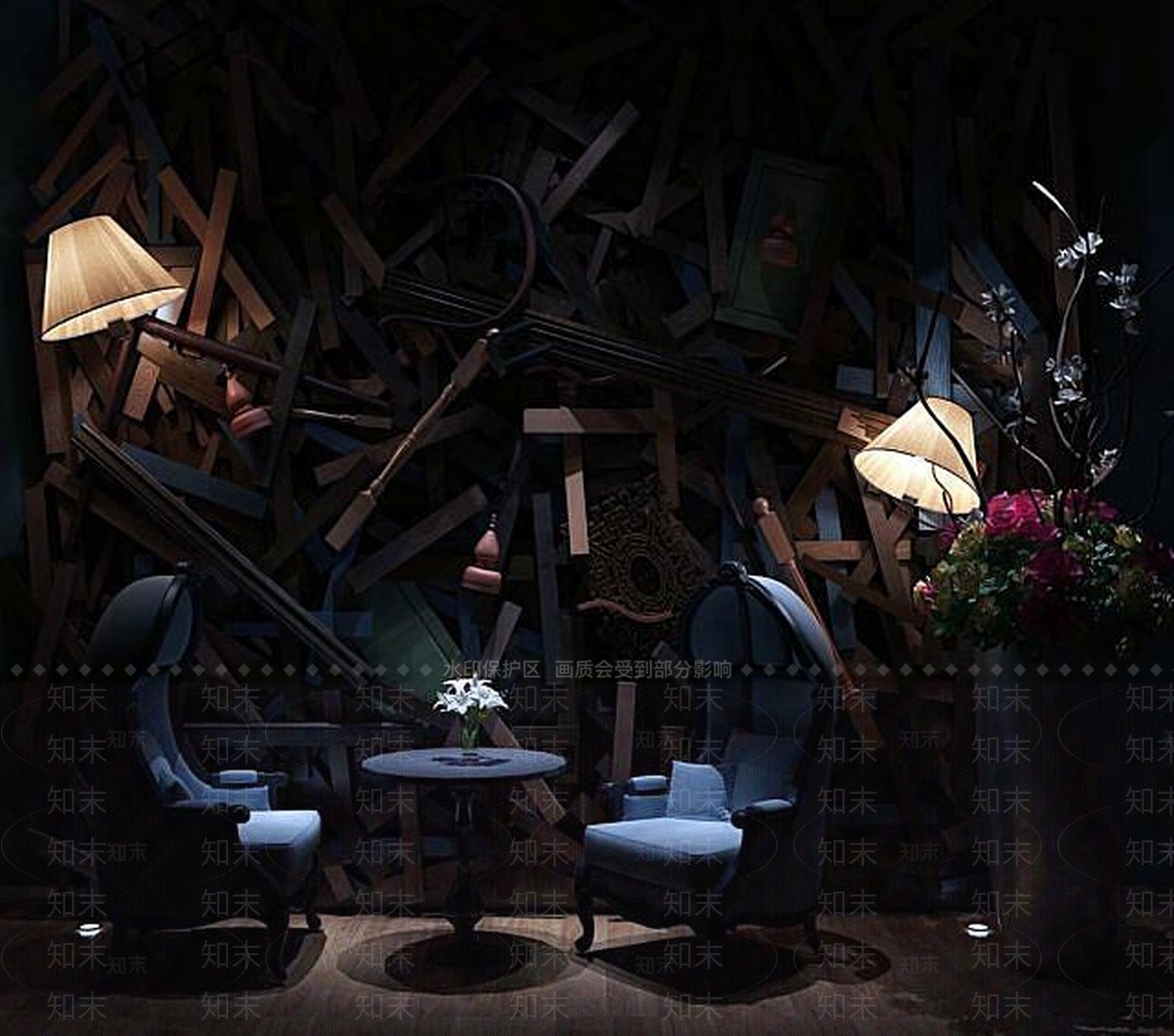 美式单人沙发椅创意背景墙组合3D模型下载【ID:1188870826】