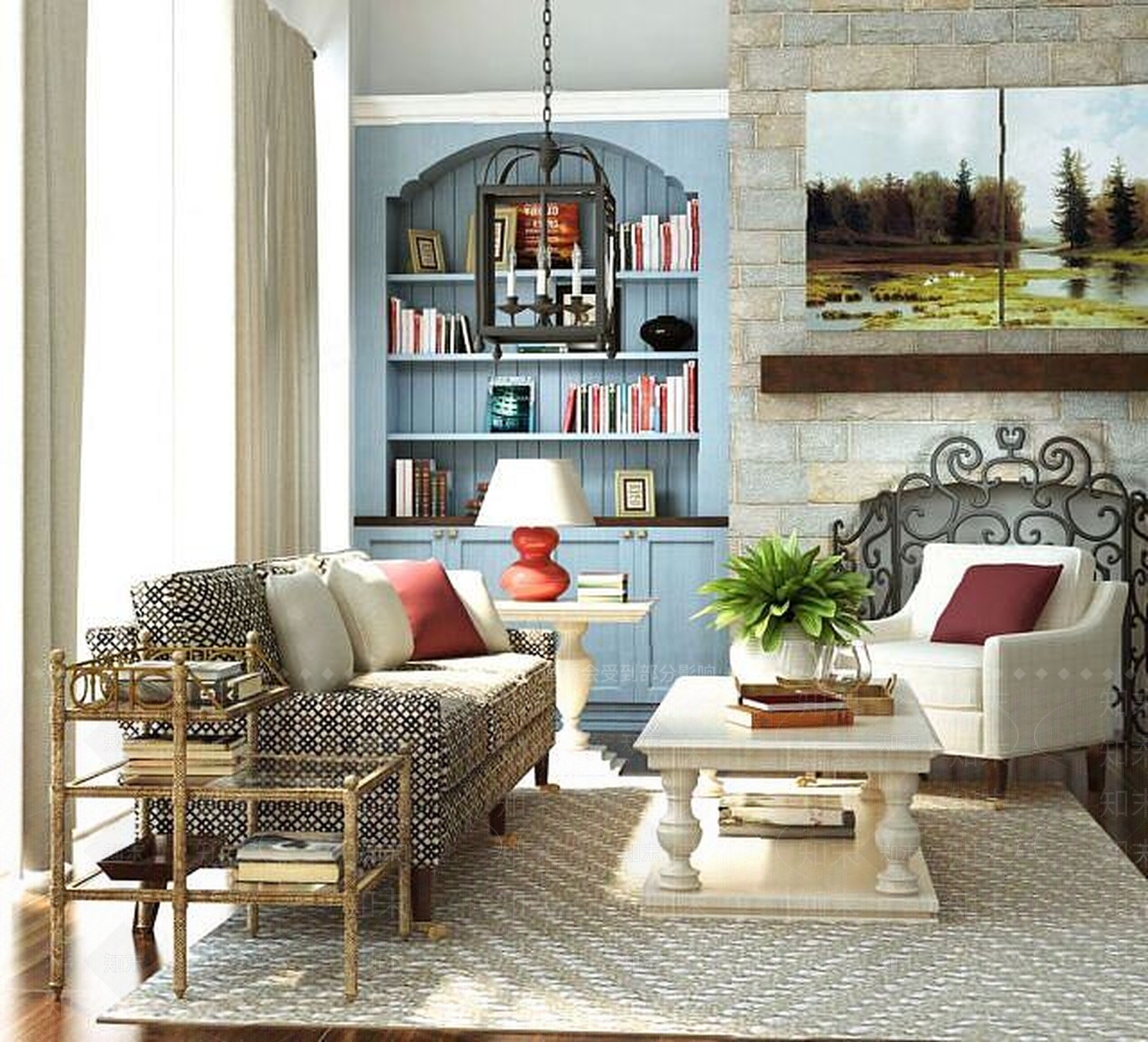 美式田园沙发边几组合3D模型下载【ID:1188888742】