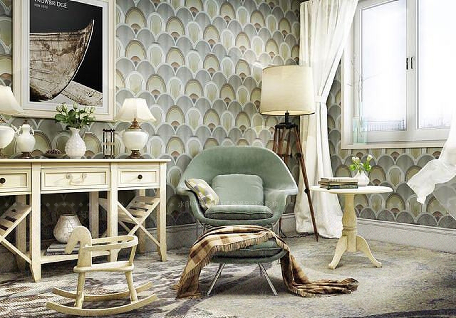 现代田园边柜椅子茶几组合3D模型下载【ID:1188888993】