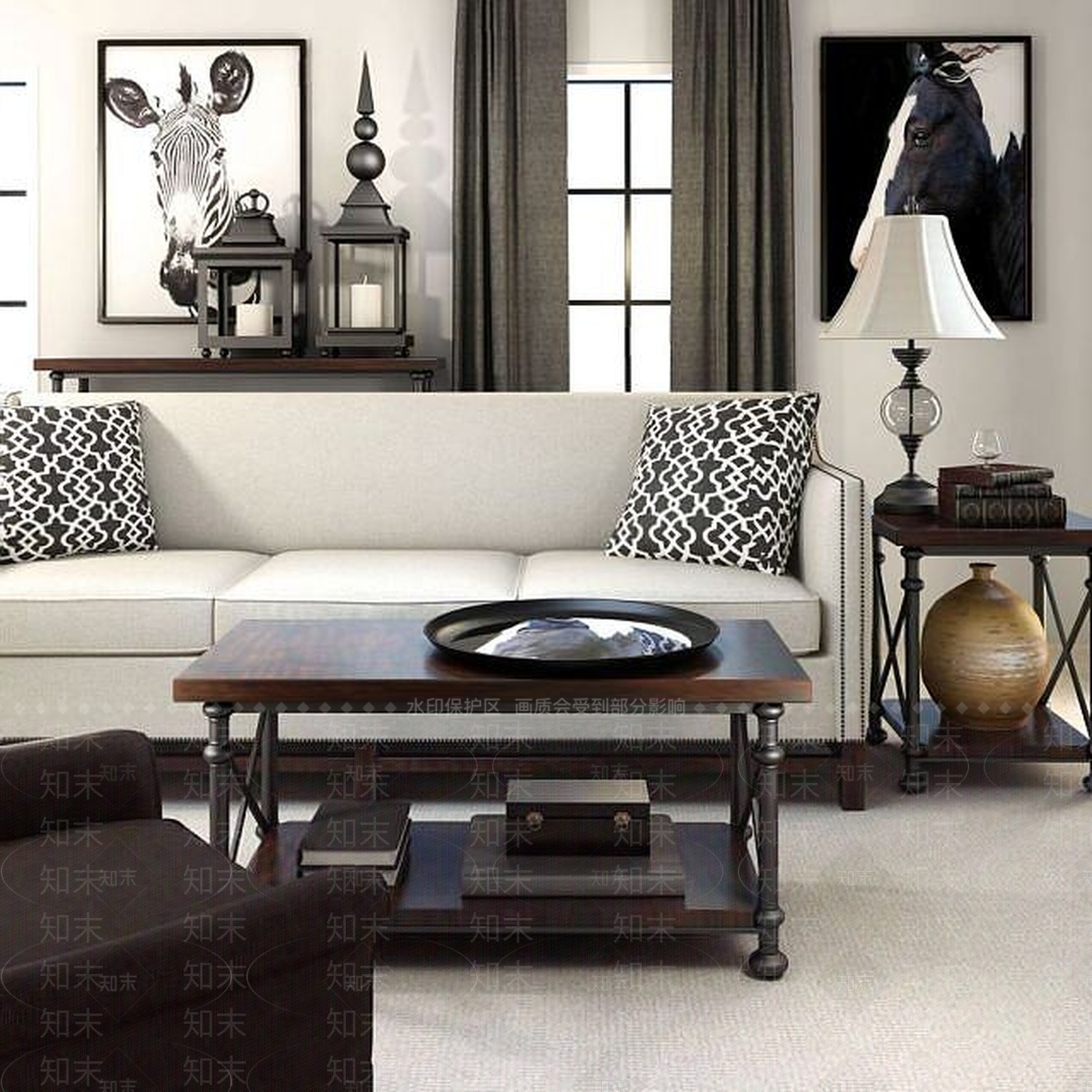 美式工业风沙发茶几组合3D模型下载【ID:1188889699】