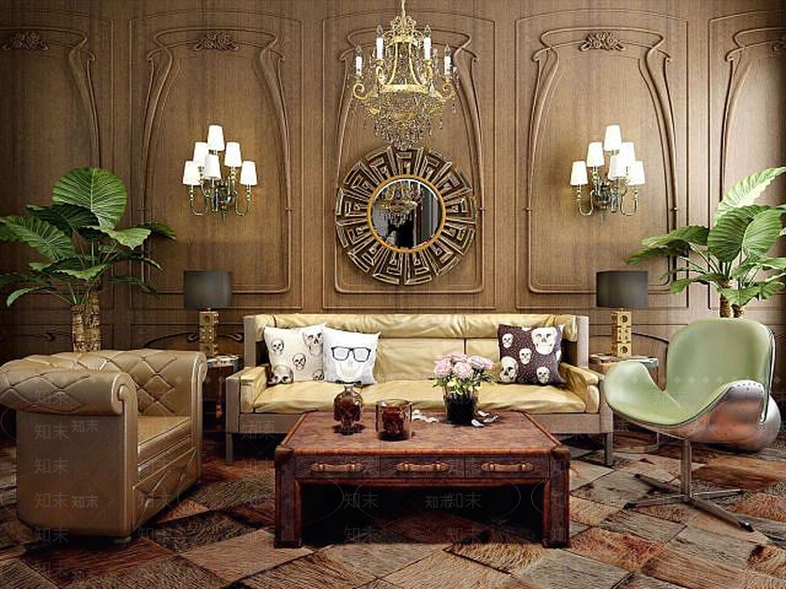 美式复古皮沙发茶几组合3D模型下载【ID:1188889725】