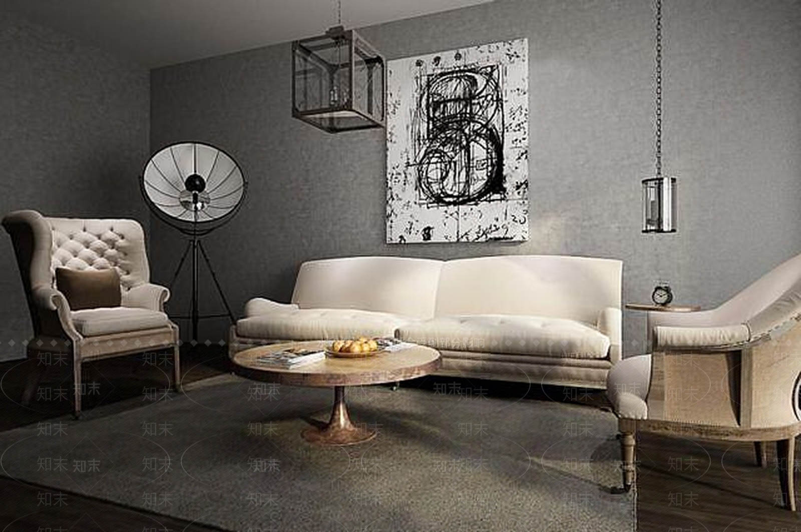 美式创意吊灯沙发茶几组合3D模型下载【ID:1188890057】