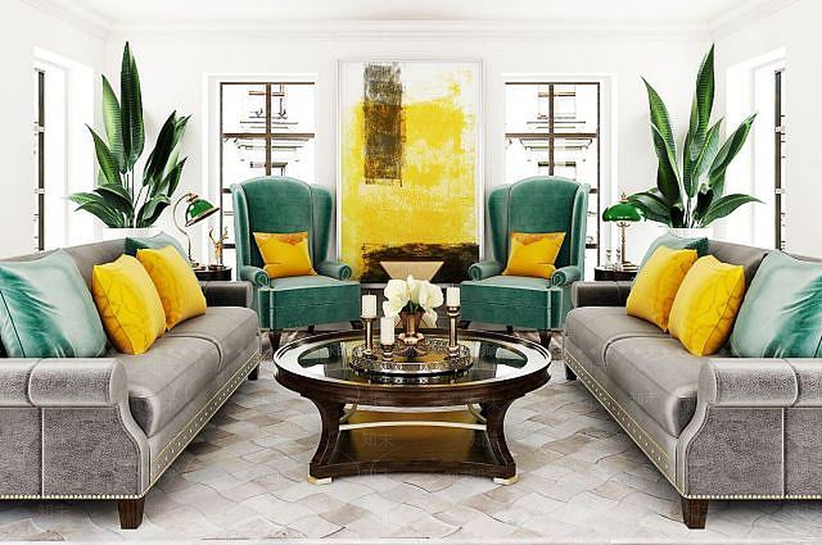 美式沙发茶几室内植物组合3D模型下载【ID:1188890381】