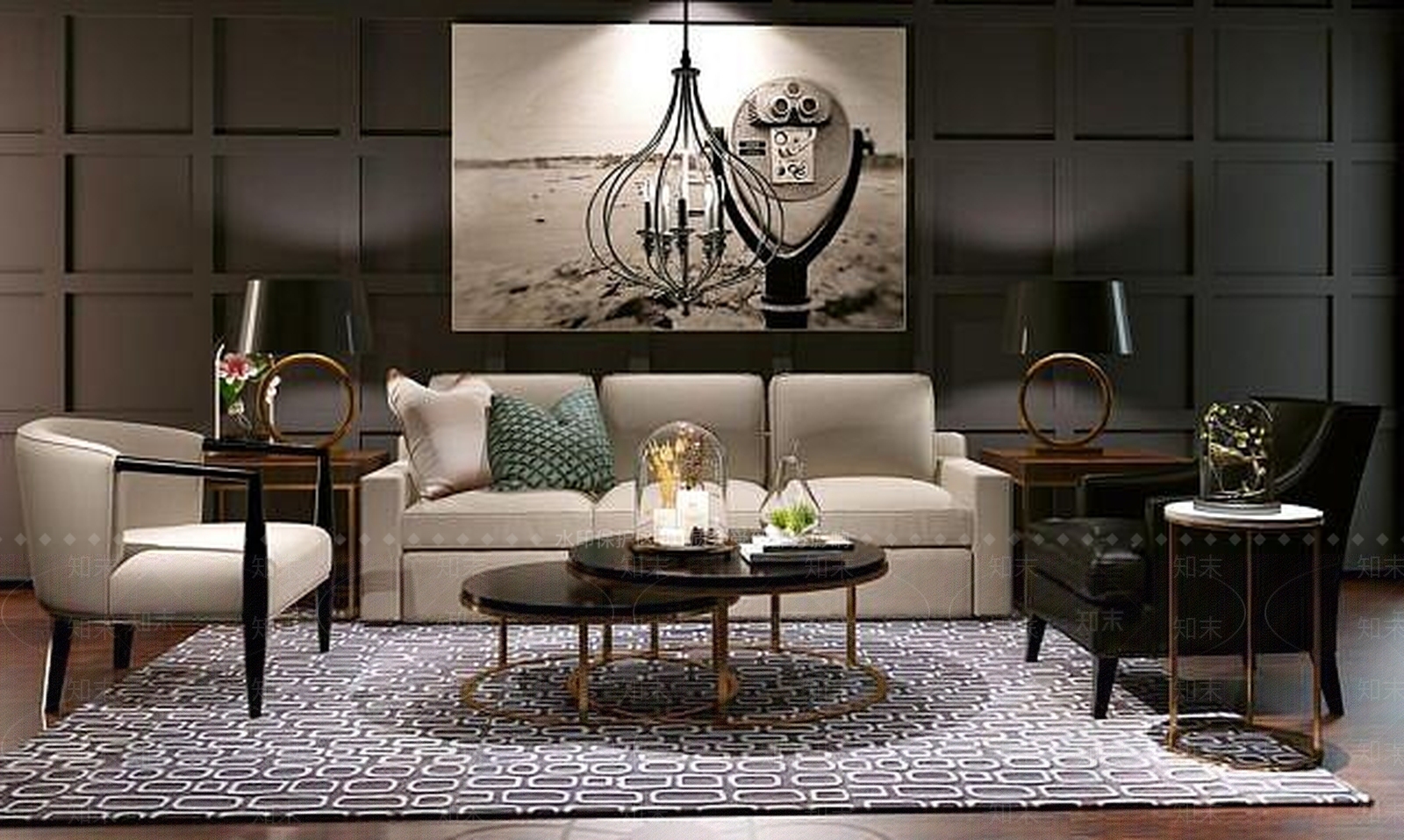 现代英式沙发椅蜡烛吊灯组合3D模型下载【ID:1188890319】