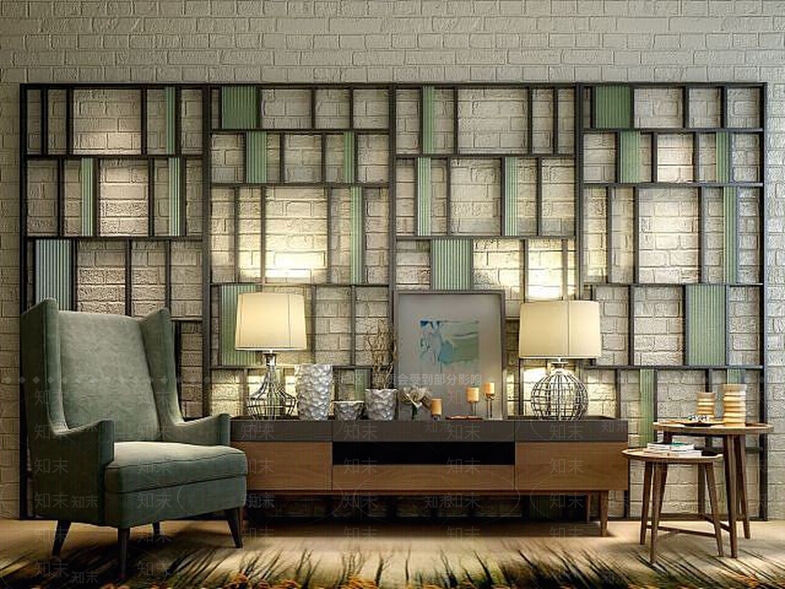 现代电视柜沙发屏风组合3D模型下载【ID:1188890771】