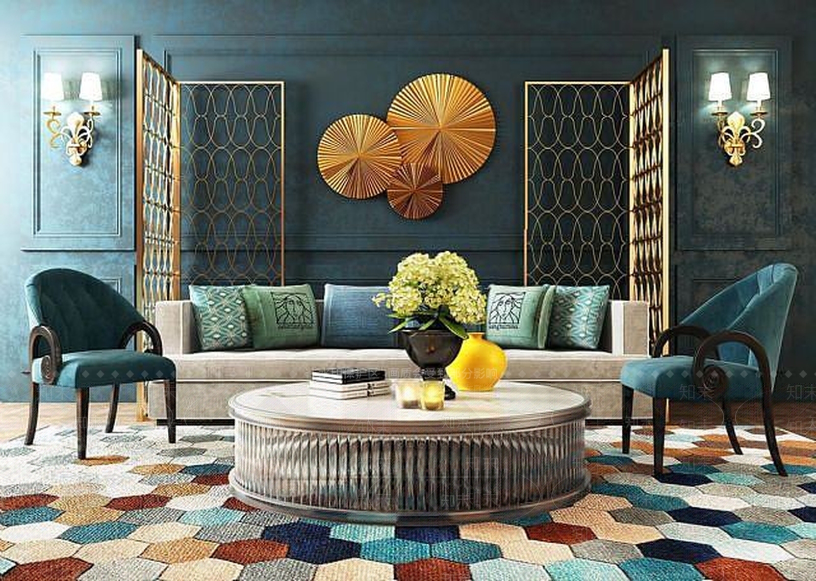 简欧奢华沙发圆桌屏风组合3D模型下载【ID:1188891474】