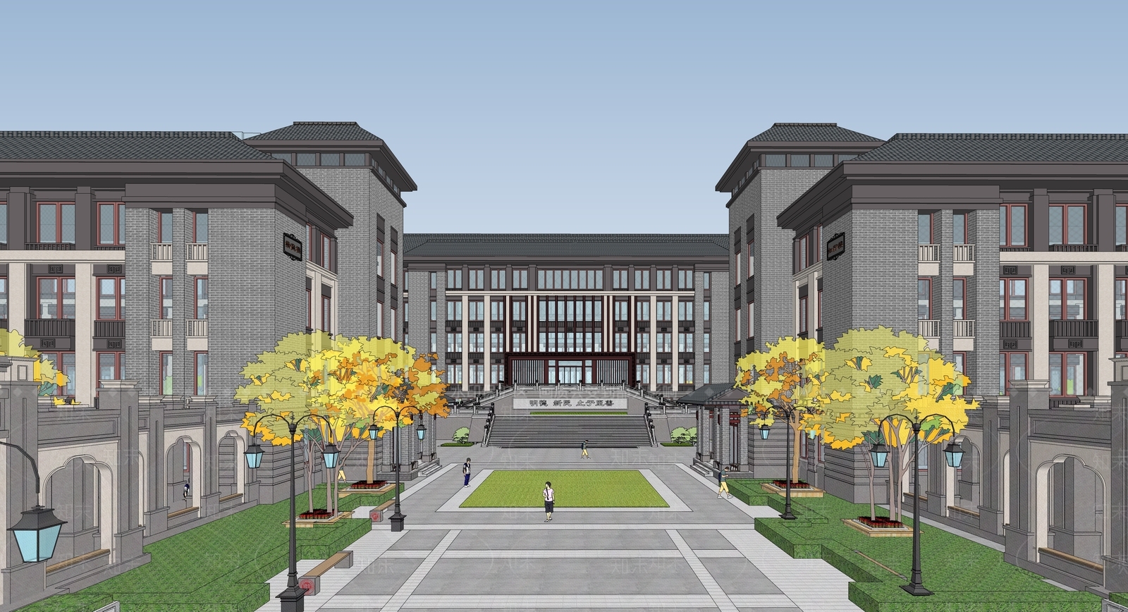 新中式学校建筑SU模型下载【ID:1188892392】