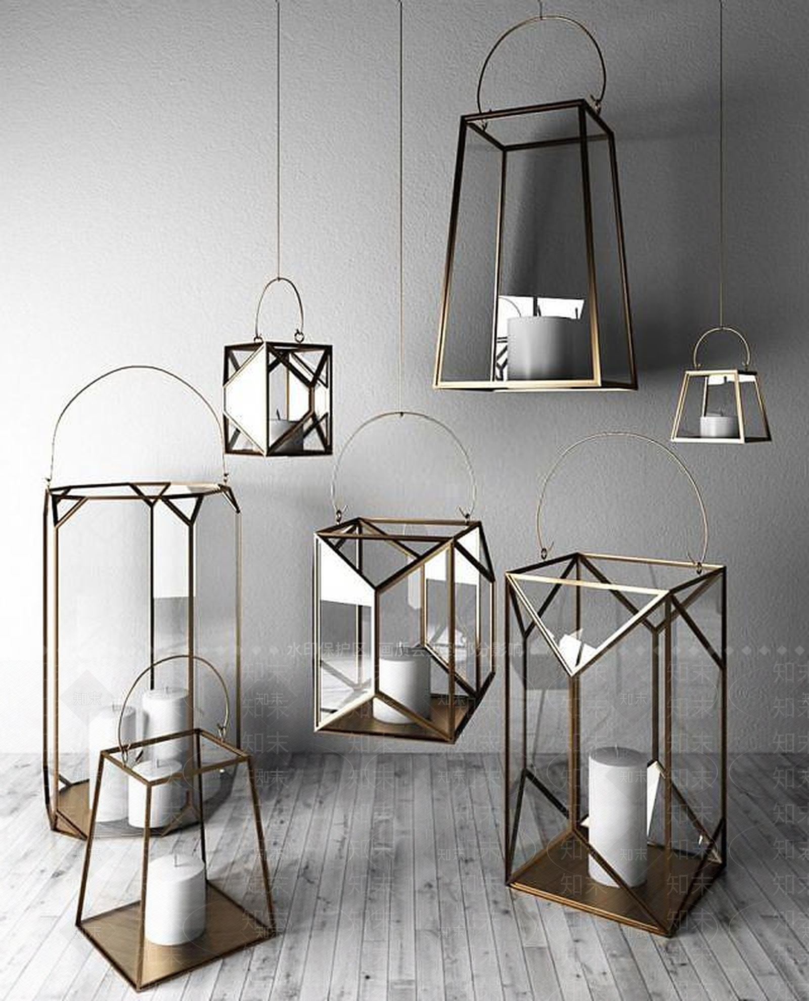 现代复古玻璃蜡烛吊灯组合3D模型下载【ID:1188892595】