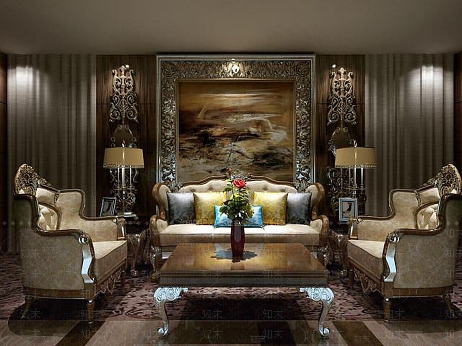 欧式古典欧式雕花沙发茶几组合3D模型下载【ID:1188893791】