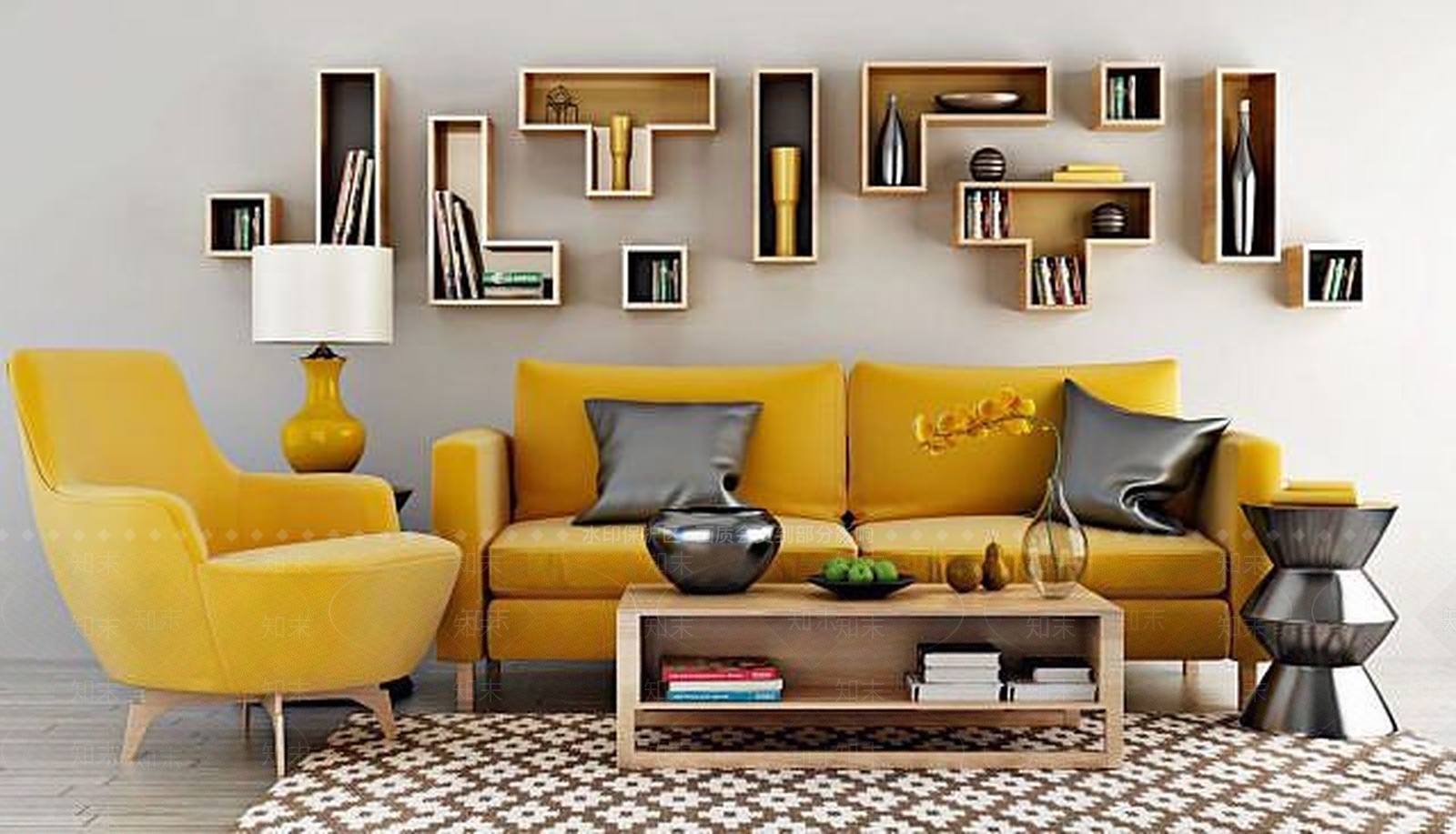 北欧沙发茶几墙架子组合3D模型下载【ID:1188893821】