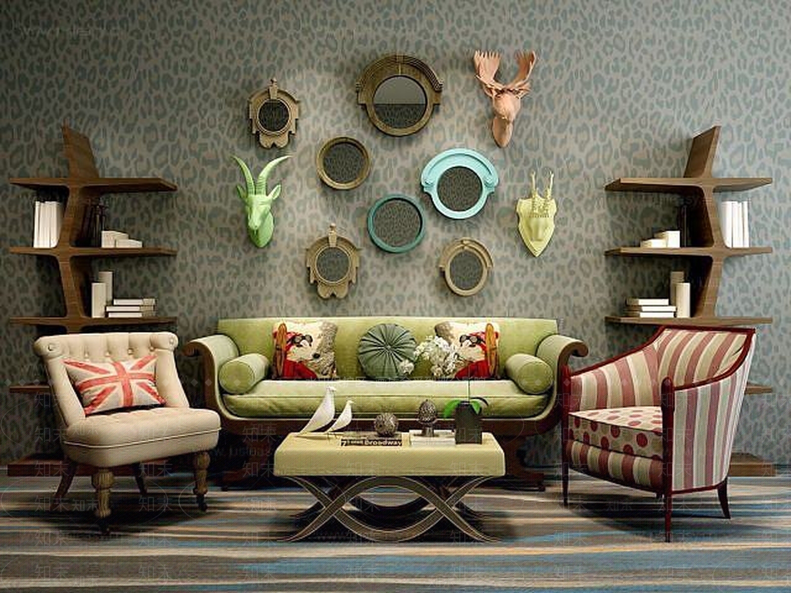 美式乡村沙发书架组合3D模型下载【ID:1188894290】