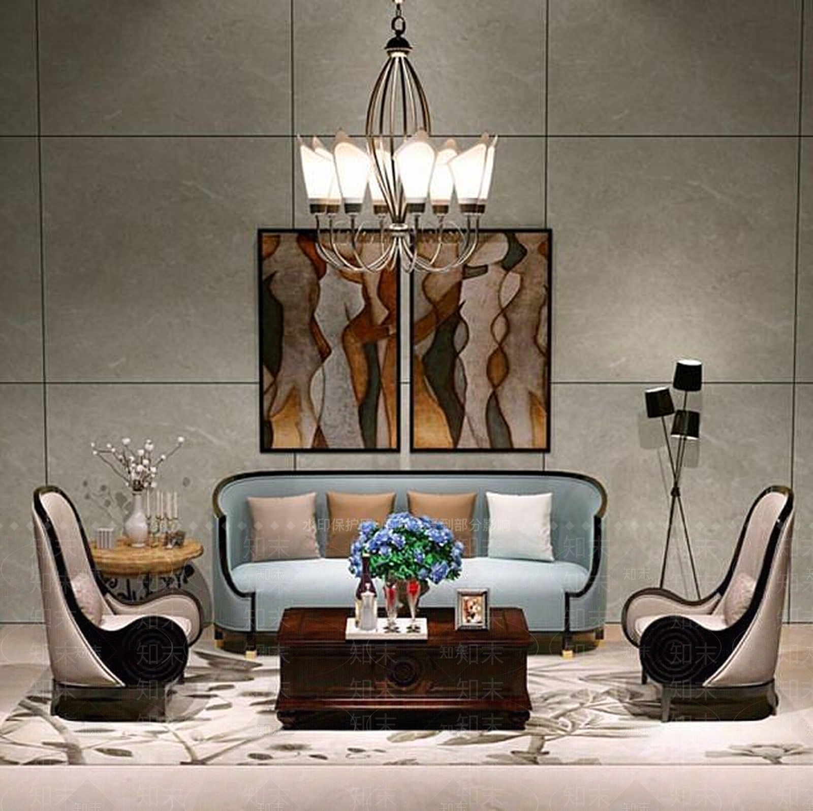 新古典沙发莲花吊灯组合3D模型下载【ID:1188895387】