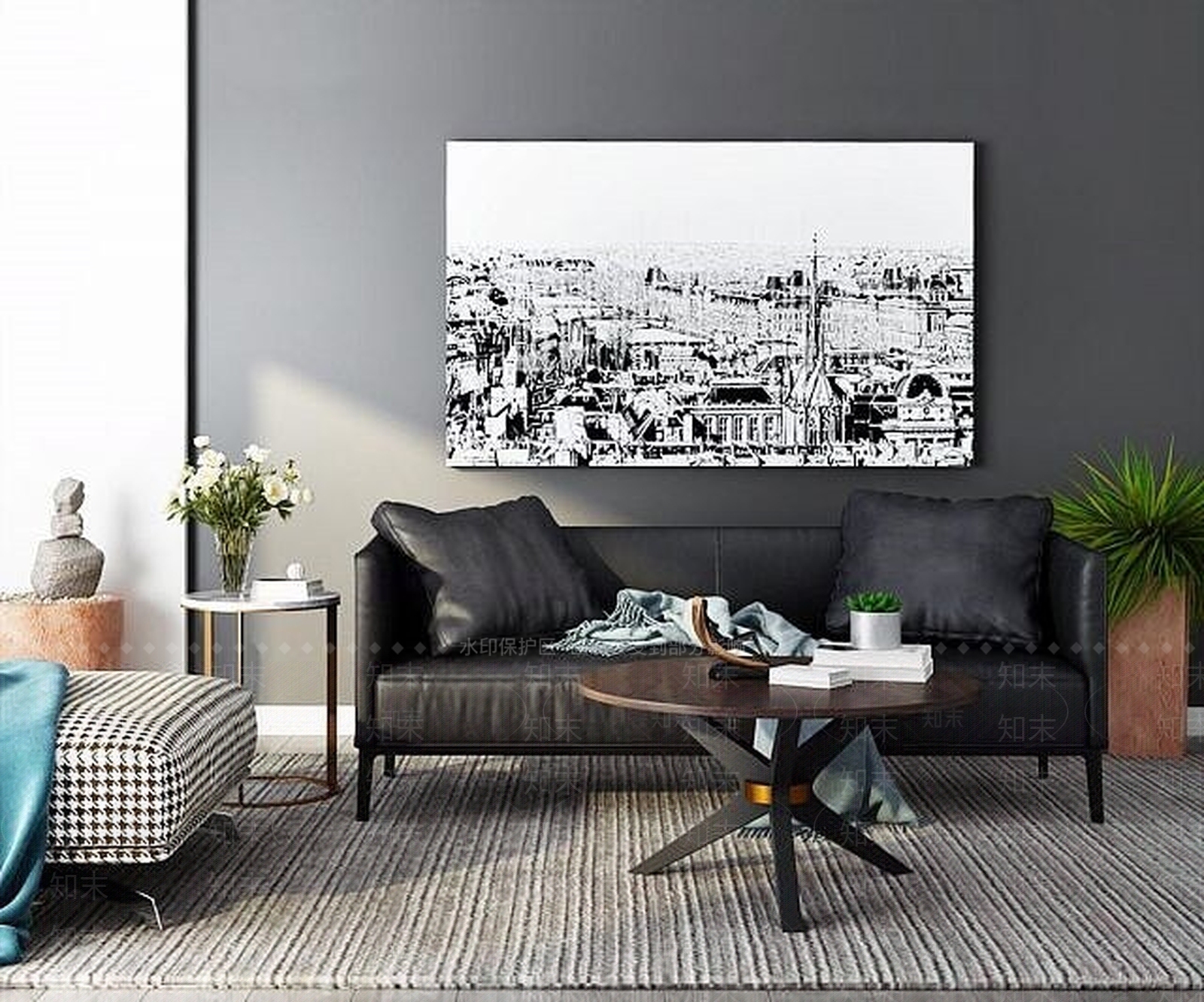 现代皮革沙发茶几组合3D模型下载【ID:1188902017】