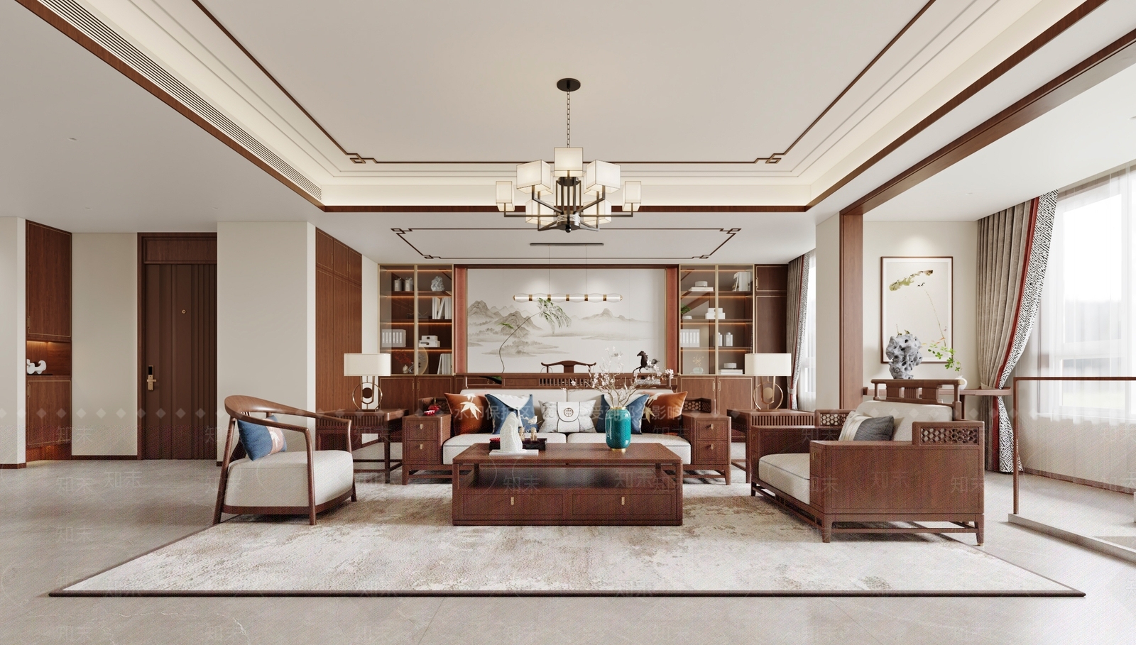 中式新中式别墅客厅3D模型下载【ID:1188912426】